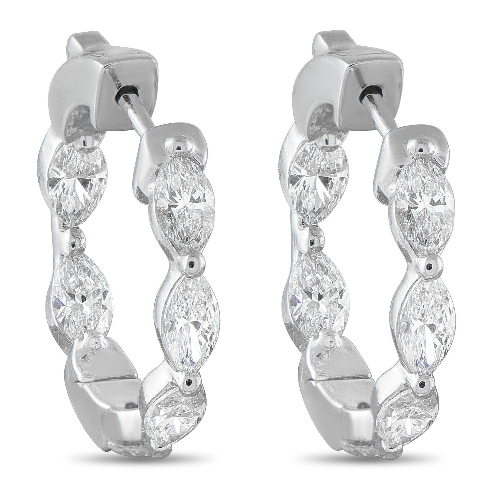 18K White Gold 2.40ct Diamond Hoop Earrings: Simple and stylish, these luxury earrings offer unique elegance. Marquise-cut Diamonds with a total weight of 2.40 carats continually catch the light and capture your imagination. Set in 18K White