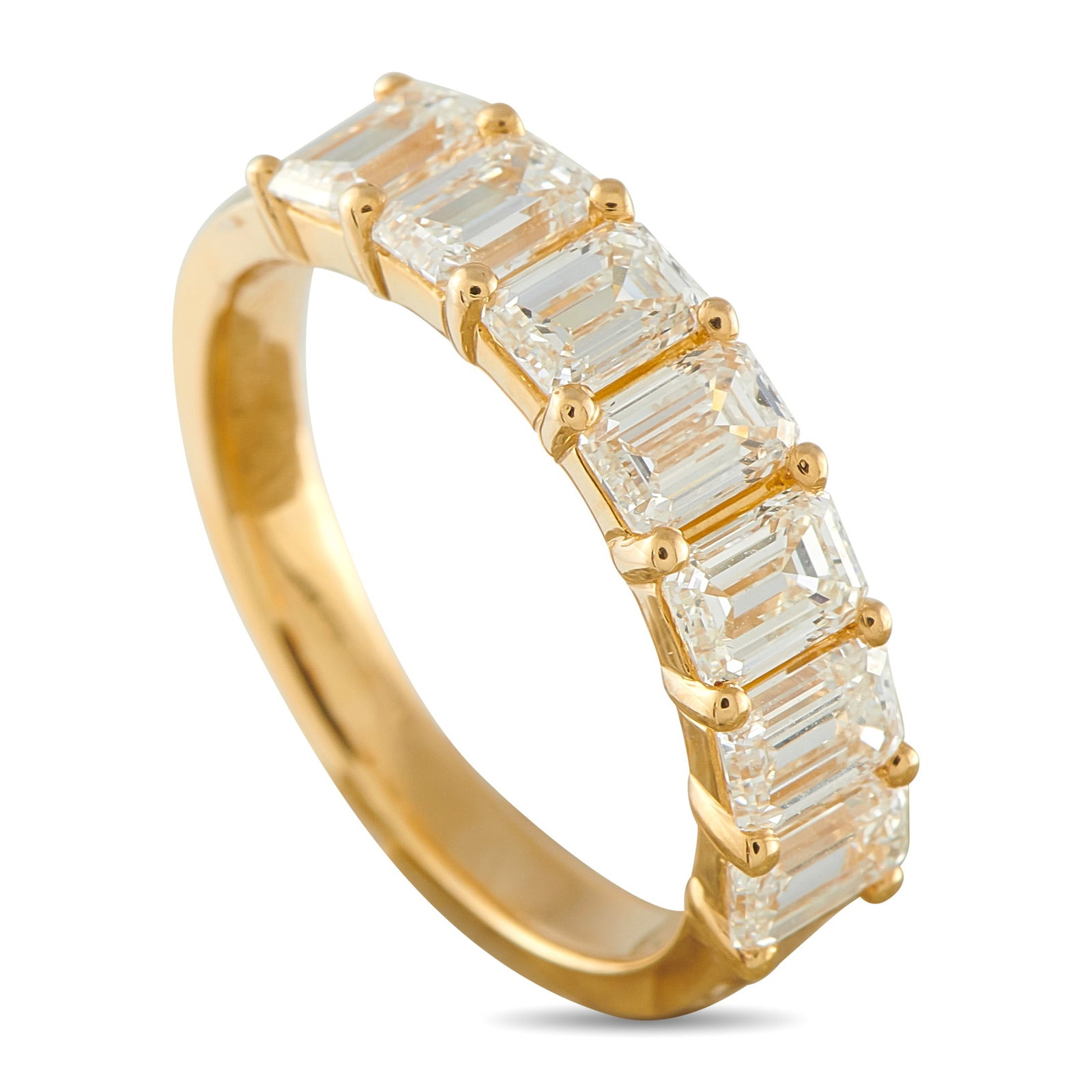 18K Yellow Gold 2.25ct Diamond Ring: This luxury ring is incredibly chic. The simple, elegant design is elevated by a series of sparkling emerald cut Diamonds with a total weight of 2.25 carats. Set in 18K Yellow Gold, it features a 2mm 