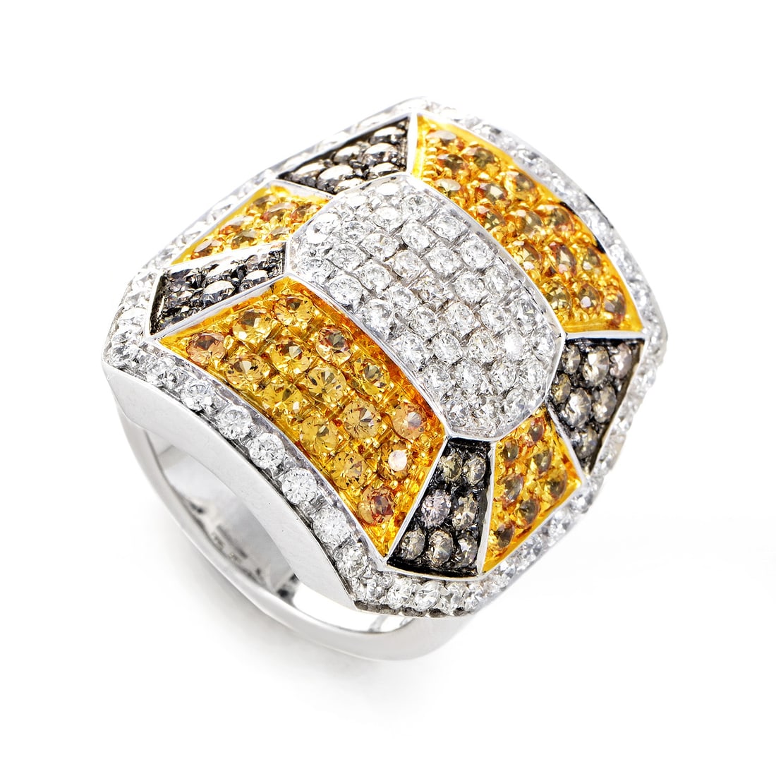 ORO TREND 18K White Gold Diamond & Yellow Sapphire Ring: A magnificent arrangement of 2.01 carats of glittering diamonds and 1.62 carats of gorgeous yellow sapphires graces this amazing 18K white gold ring from Oro Trend with an exceptional aesthetic effect