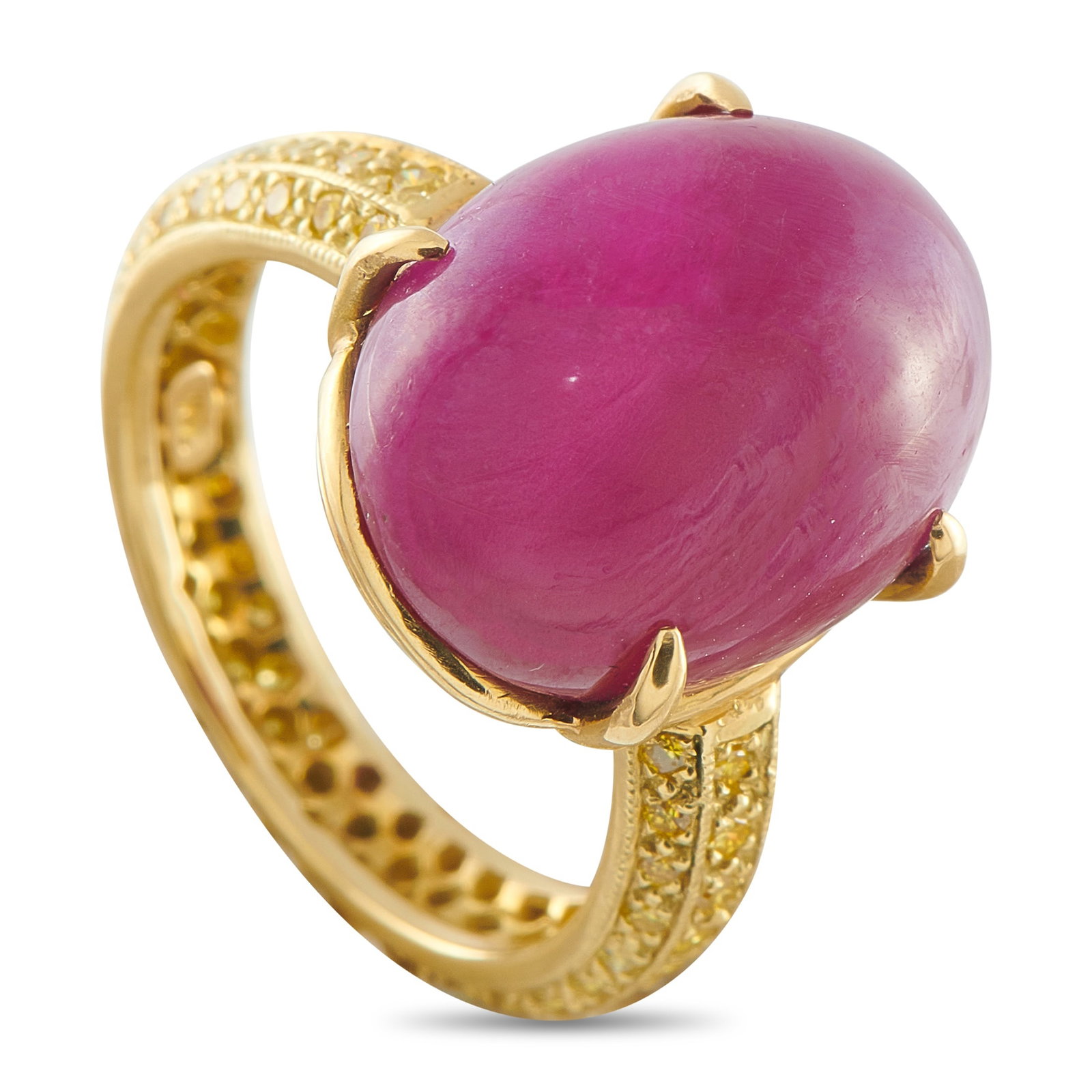 18K Yellow Gold 0.75ct Diamond and Ruby Ring: Add opulence to any ensemble with this exquisite luxury ring. Yellow Diamonds with a total weight of 0.75 carats elevate this piece’s luminous 18K Yellow Gold setting. At the center, a vibrant