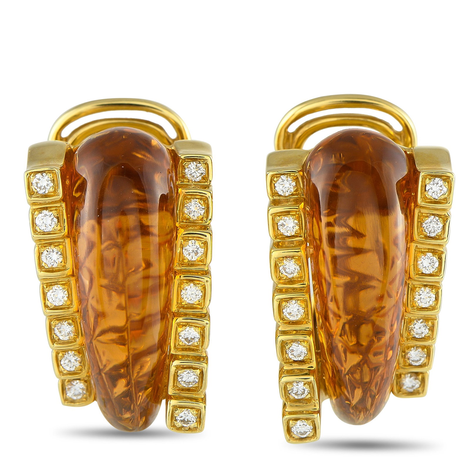 ROBERTO LEGNAZZI 18K Yellow Gold 0.56ct Diamond and Citrine Earrings: An Italian designer known for his bold and breathtaking accessories, these Roberto Legnazzi earrings exemplify his master craftsmanship. These uniquely elegant earrings feature Citrine stones at the c