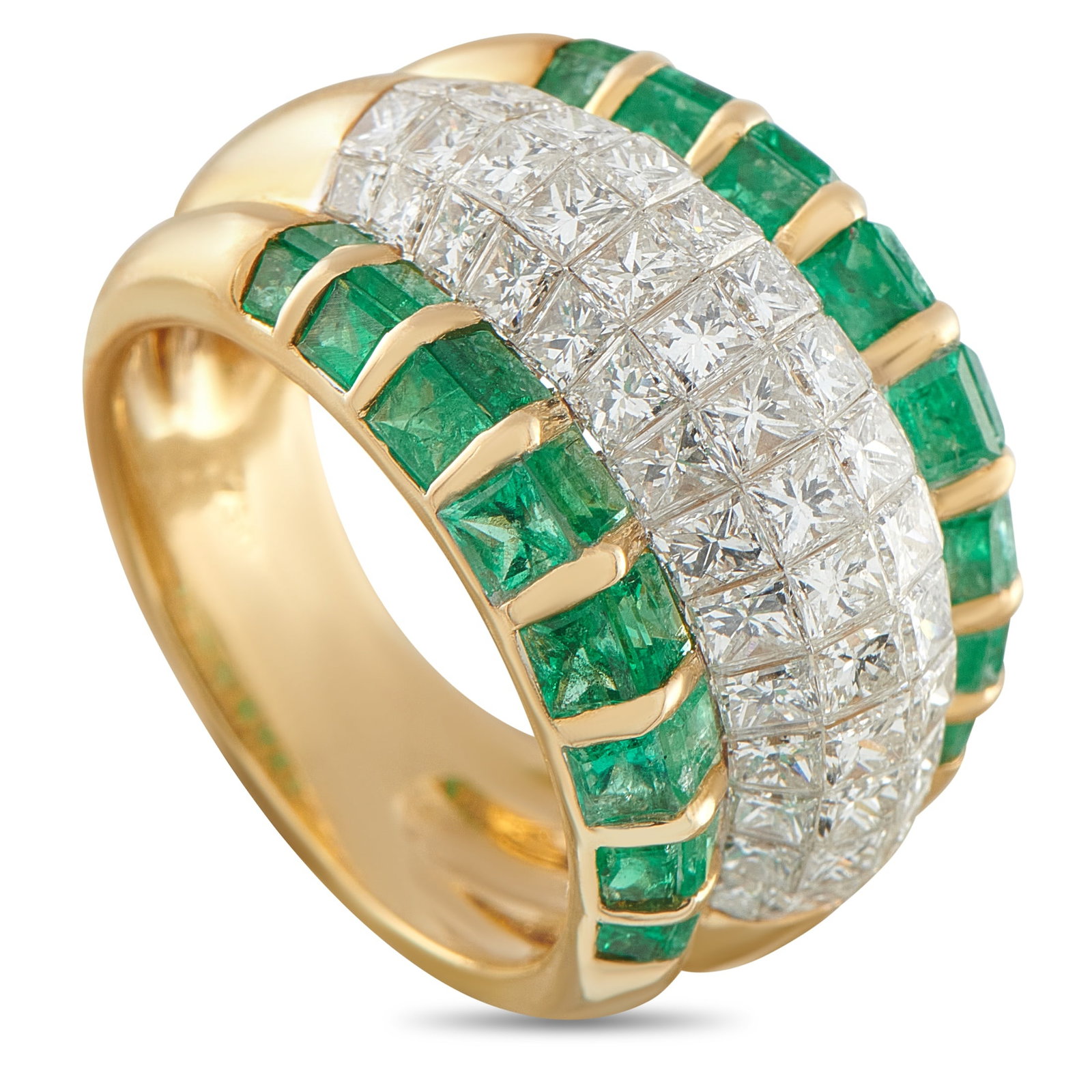 18K Yellow Gold 2.50ct Diamond and Emerald Ring: Invisible set Diamonds with a total weight of 3.50 carats make this ring simply unforgettable. Stylish and sophisticated, thoughtfully placed Emerald totaling 2.50 carats make the design even more imp