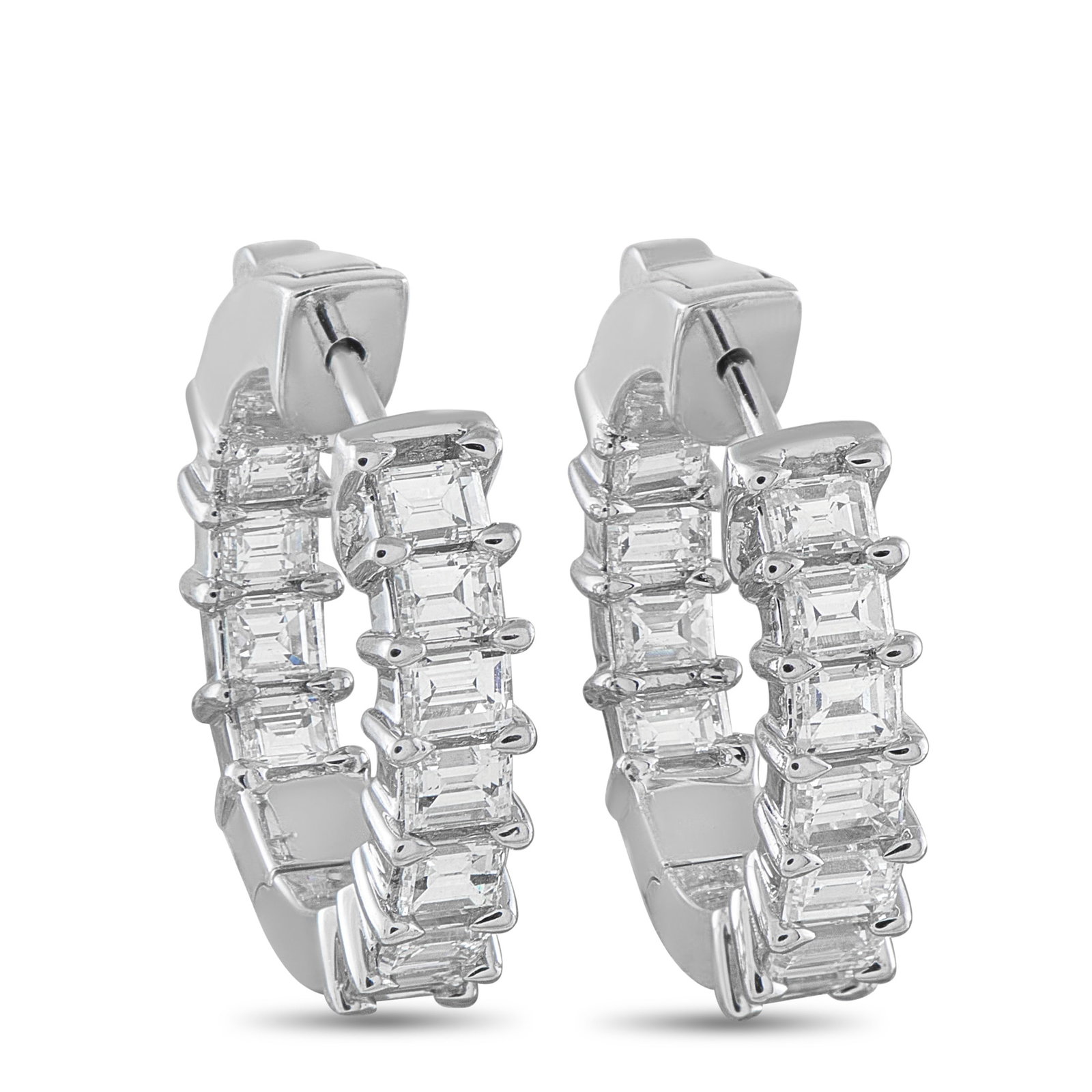 18K White Gold 2.10ct Diamond Hoop Earrings: A unique design allows these luxury earrings to catch the light from any angle. Set in 18K White Gold, Diamonds with a total weight of 2.10 carats make them simply unforgettable. Each earring measures