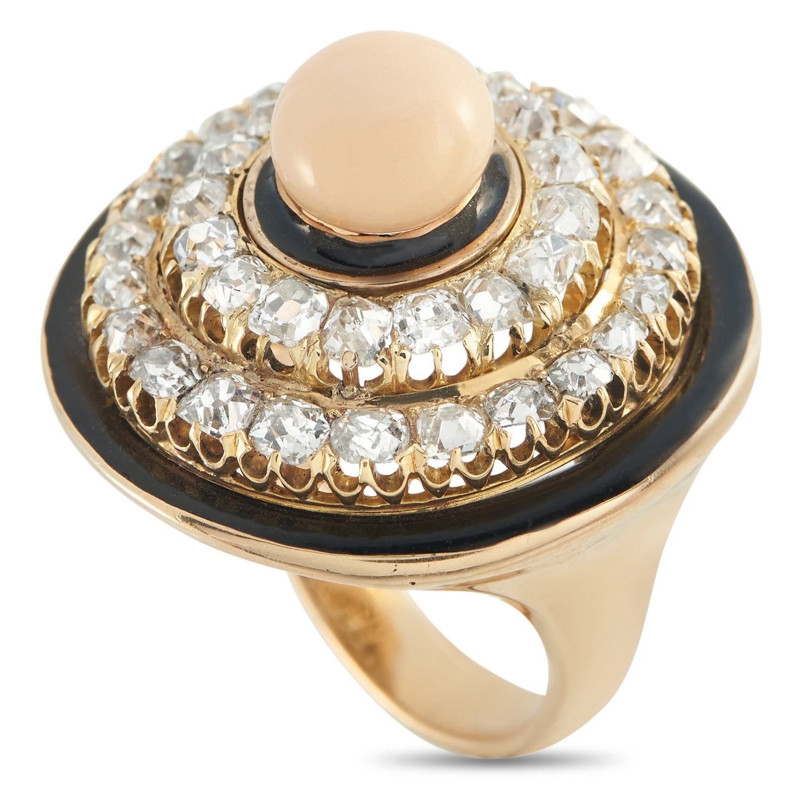 14K Rose Gold 2.80ct Diamond and Conch Pearl Ring: A stunning symmetrical design makes this luxury ring incredibly chic. The circular 14K Rose Gold setting beautifully showcases sparkling Diamonds with a total weight of 2.80 carats. A 3.0 carat Conch 