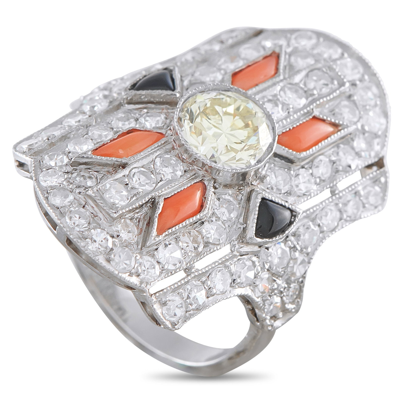 Platinum 3.0ct Diamond, Coral, and Onyx Ring: This luxury ring features a distinctly Art Deco inspired design. The chic Platinum setting is illuminated by a 1.0 carat Diamond center stone and inset Diamonds with a total weight of 2.0 carats. Cora