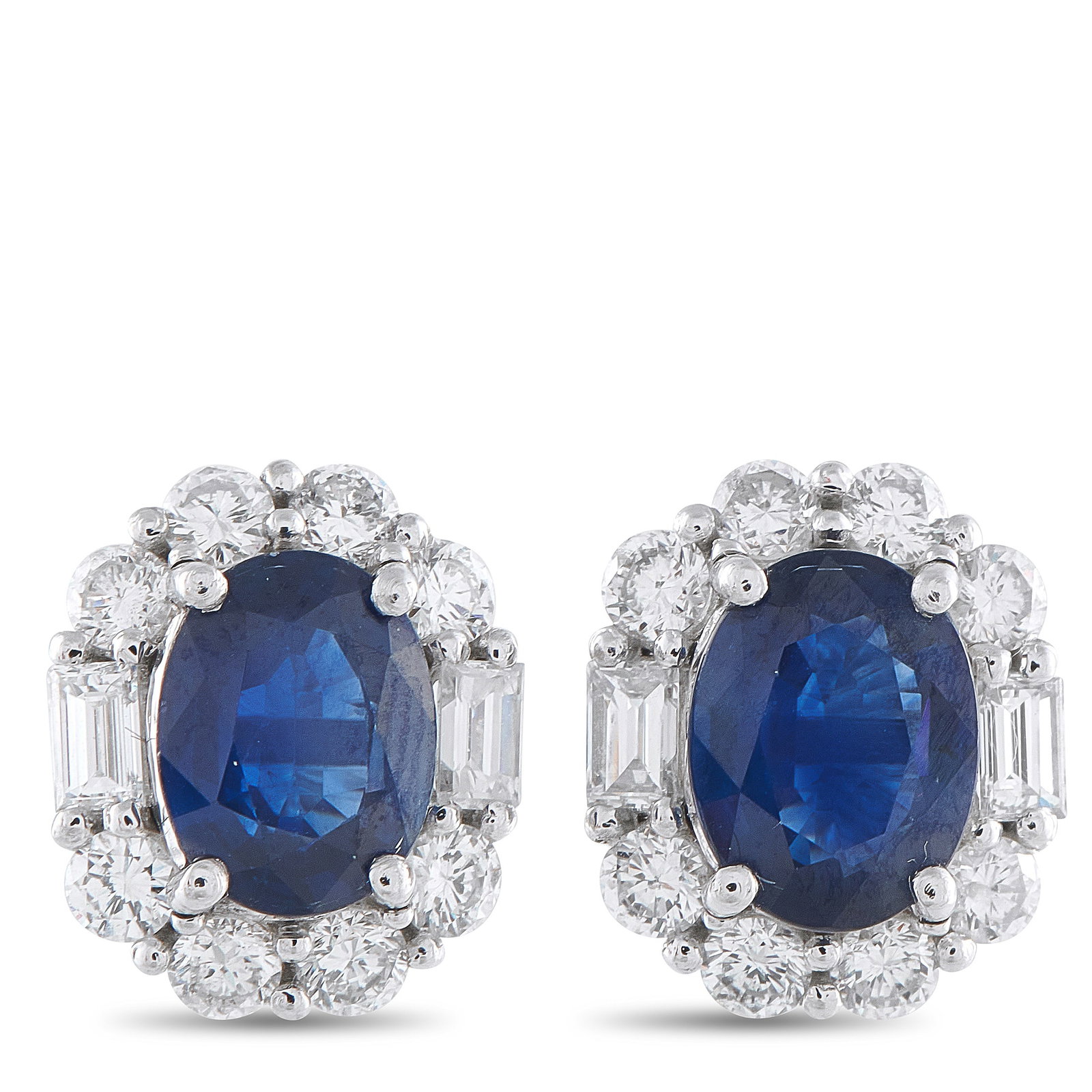 Platinum 2.31ct Diamond and Sapphire Earrings: These earrings are a classically elegant accessory that will never go out of style. Vibrant Sapphires with a total weight of 5.62 carats make a statement at the center. They’re each surrounded by a 