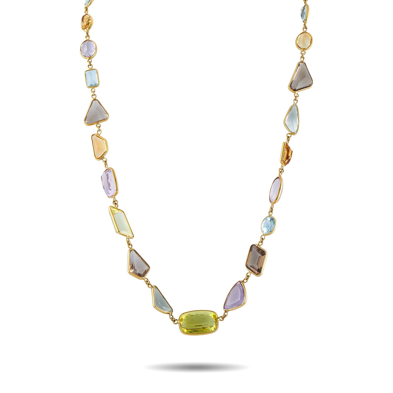 H. STERN 18K Yellow Gold Multicolored Gemstone Necklace: An array of translucent gemstones gives this H. Stern necklace a distinct sense of style. Set in 18K Yellow Gold, it measures 20” long and will add a bold pop of color to any ensemble. Metal - 1