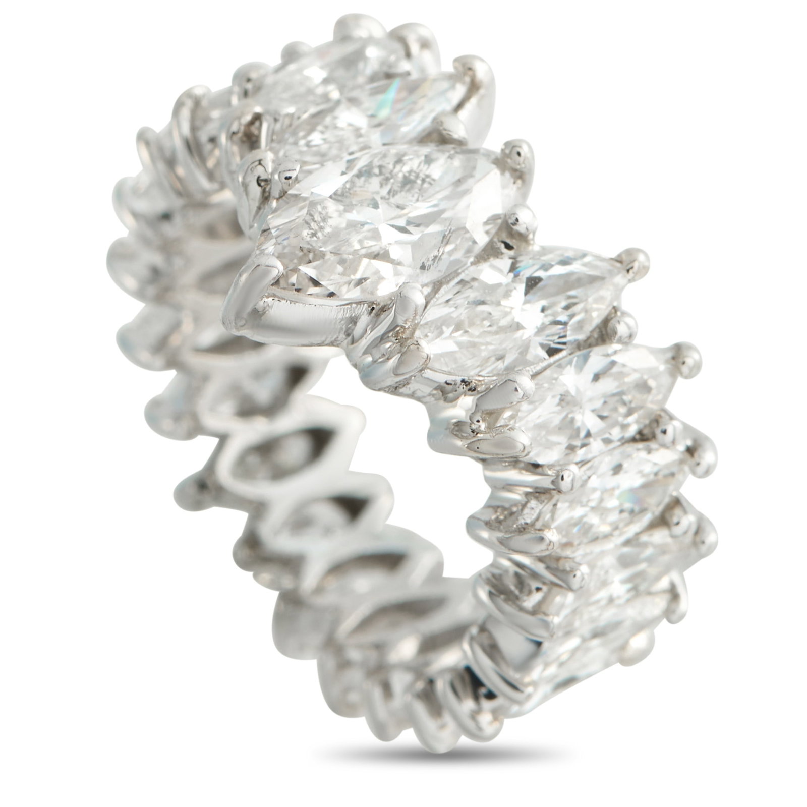 Platinum 5.50ct Diamond Ring: A series of marquise-cut Diamonds totaling 5.50 carats make this luxury ring simply exquisite. The understated Platinum setting makes it an ideal piece for everyday wear. It measures 5mm wide and feat