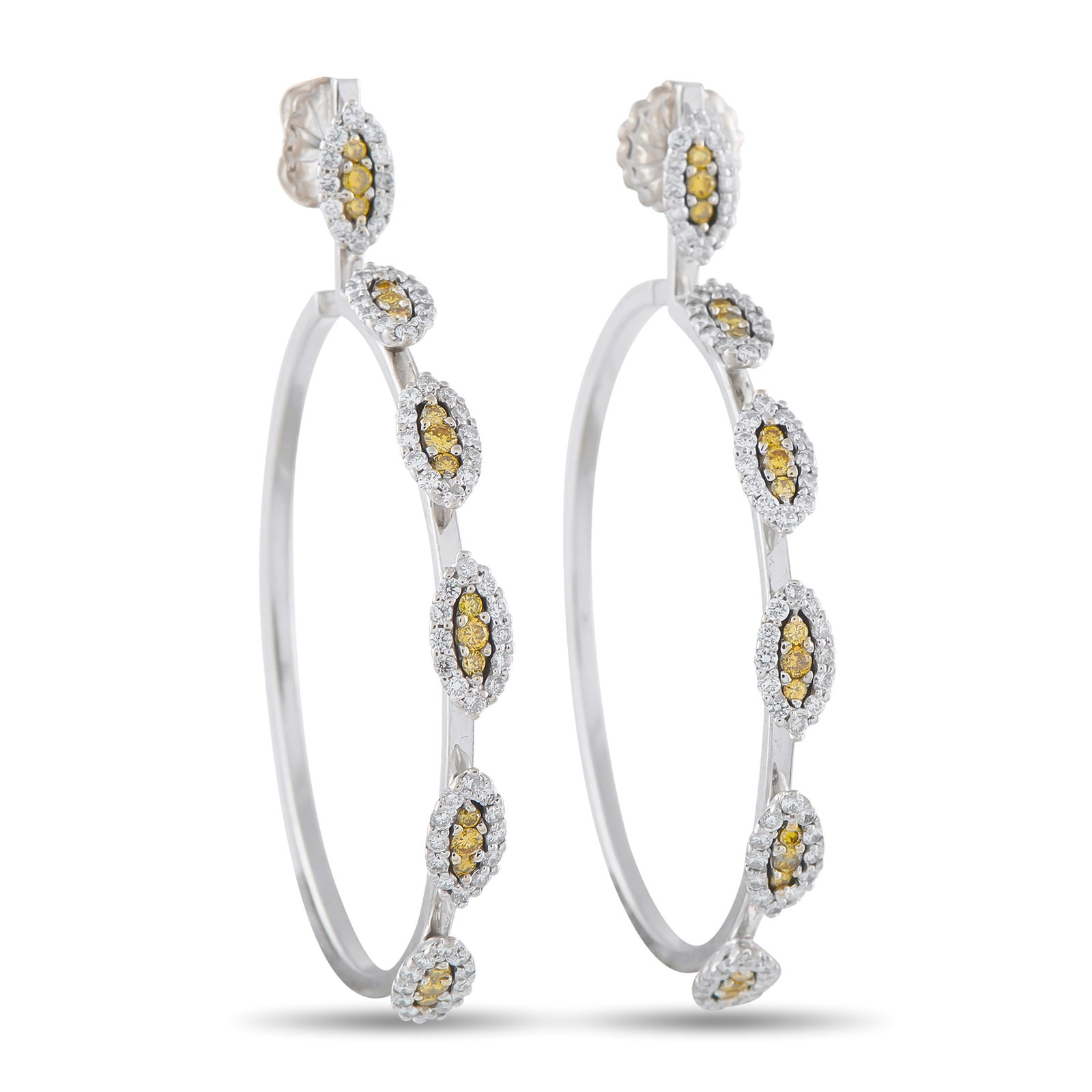 18K White Gold 3.0ct Diamond Hoop Earrings: These luxury hoop earrings offer an elevated take on a classic accessory. Diamonds with a total weight of 3.0 carats add sparkle and sophistication to the simple 18K White Gold settings. Each earring