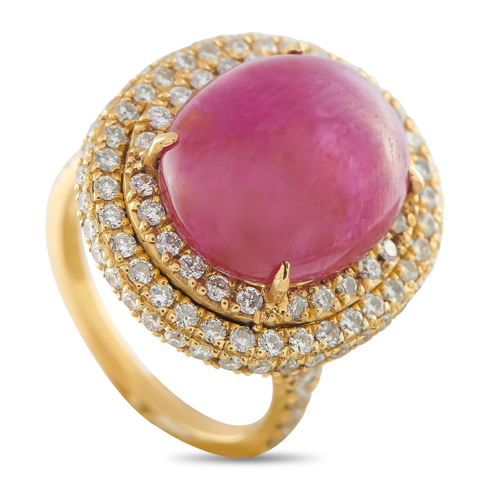 18K Yellow Gold 1.90ct Diamond and Ruby Ring: This luxury ring will continually take your breath away. At the center, a vibrant 13.97 carat Burma No Heat Ruby provides a stunning pop of color. It’s surrounded by sparkling Diamonds with a total 