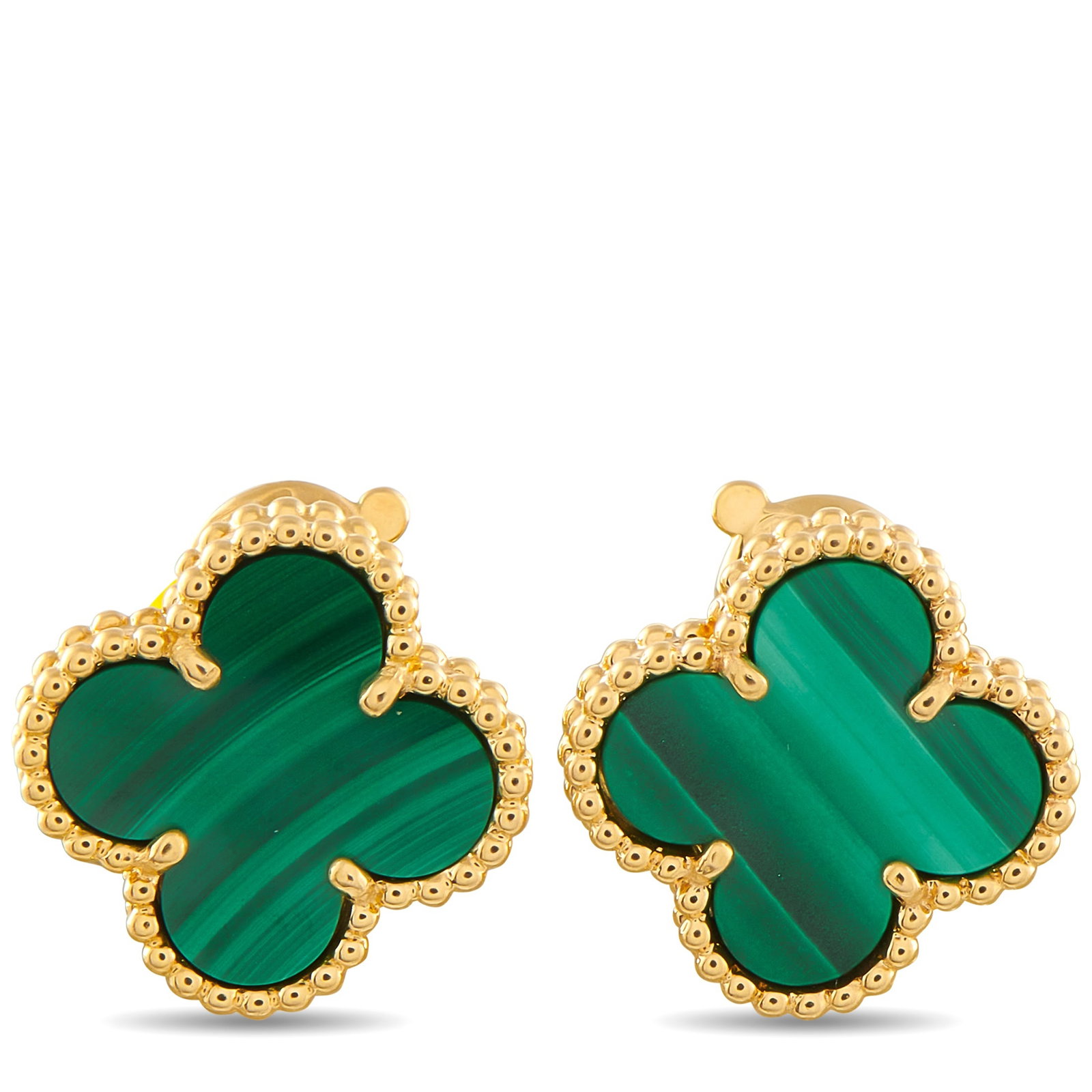 VAN CLEEF & ARPELS Van Cleef & Arpels Alhambra 18K Yellow Gold Malachite Earrings: Add a touch of luxury to any ensemble with these Van Cleef & Arpels Alhambra earrings. At the center of the iconic clover-shaped design, green Malachite provides an exciting splash of color. Set in 18