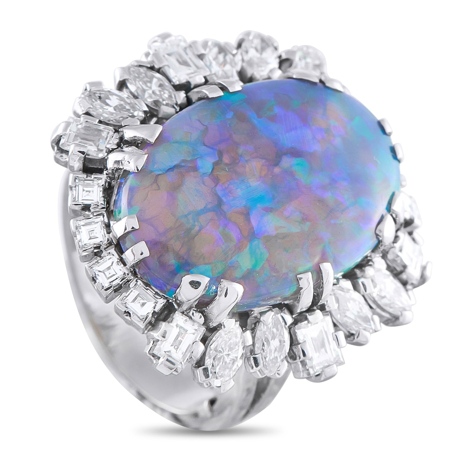 Platinum 2.0ct Diamond and Opal Cocktail Ring: Not for the conventional collector, this platinum cocktail ring makes its presence known through its commanding scale and uncommon gemstone character. At the center, a 9.5-carat oval black opal displa