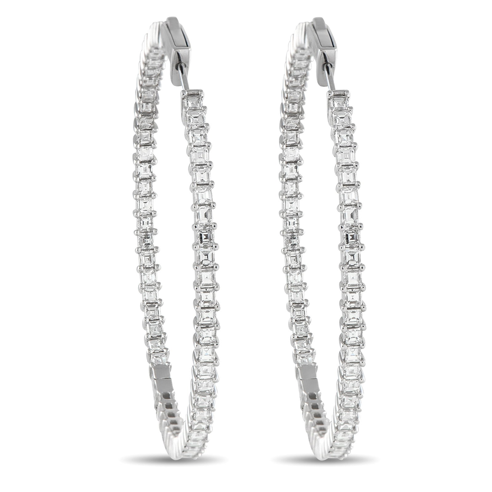 18K White Gold 4.40ct Diamond Inside-Out Hoop Earrings: In classic in-and-out design, these slim diamond hoops feature diamonds set along their front and inside edges. They sparkle from every angle, catching the light both face-on and in profile. Their min