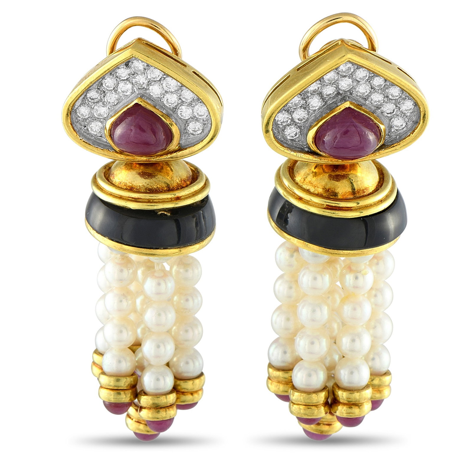 18K Yellow Gold 1.0ct Diamond, Ruby, and Pearl Clip-On Earrings: Designed with equal parts bold elegance and vintage charm, this Exclusive pair won’t fail to make a lasting impression. The earrings are crafted in 18K yellow gold and boast a trio of gemstones. Eac
