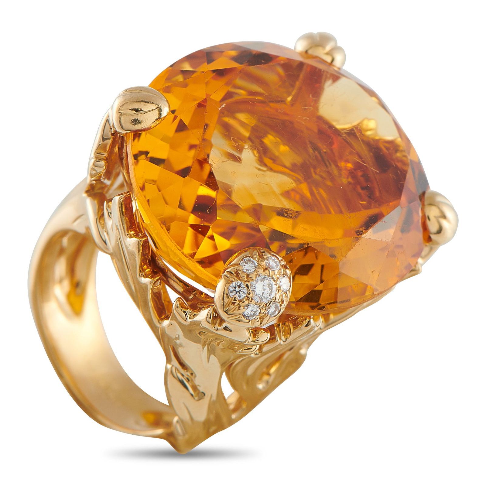 DIOR 18K Yellow Gold Diamond and Citrine Cocktail Ring: A Miss Dior cocktail ring ideal for evenings when statement jewelry feels right. This piece offers an opulent presence with its massive citrine stone, held by four corner claw prongs, where one is dot