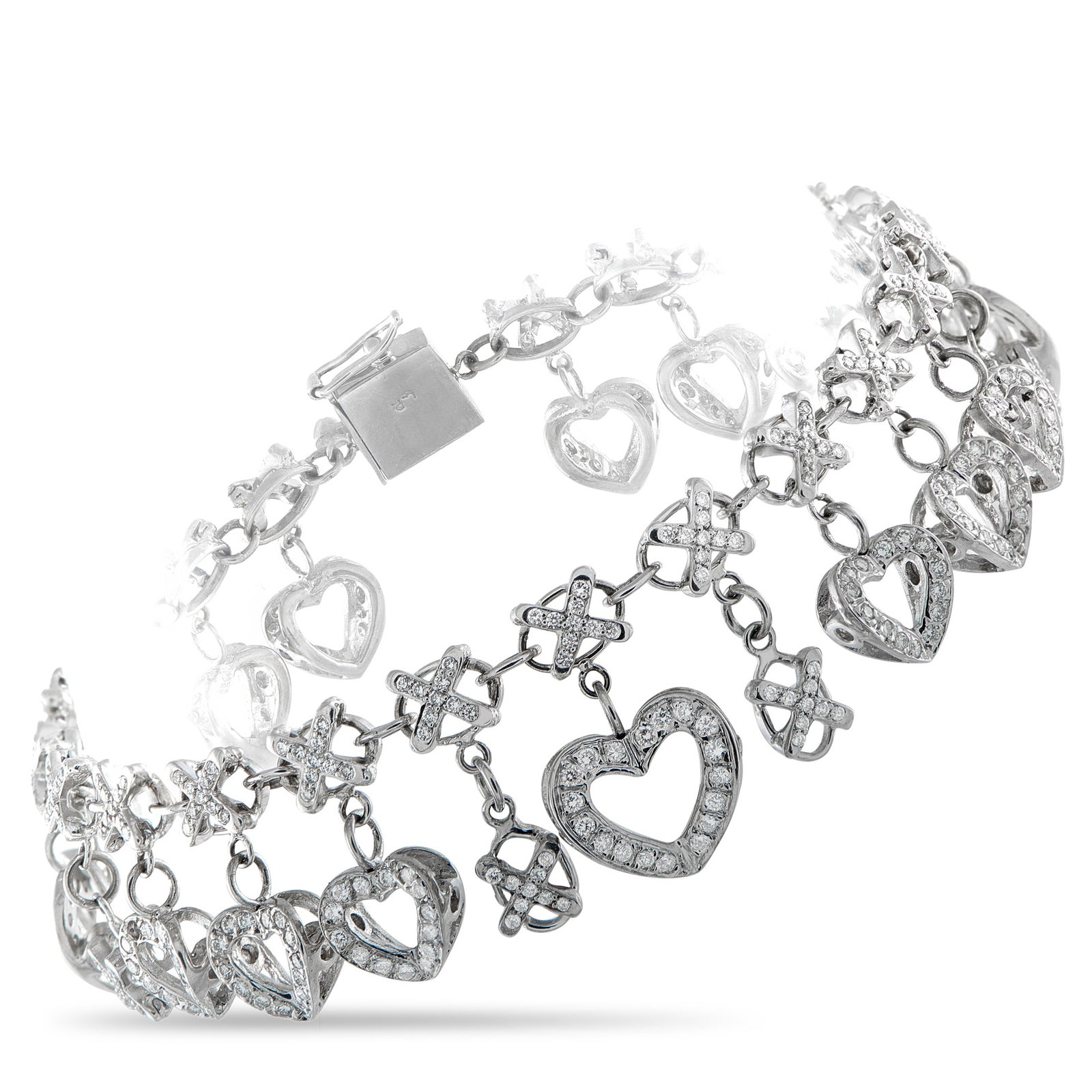 18K White Gold 2.5ct Diamond Charm Bracelet: A white gold bracelet reimagining the classic “Hugs and Kisses” sentiment through a brilliant and playful design. It features “X” links traced in diamonds, forming a 7.25-inch chain. S
