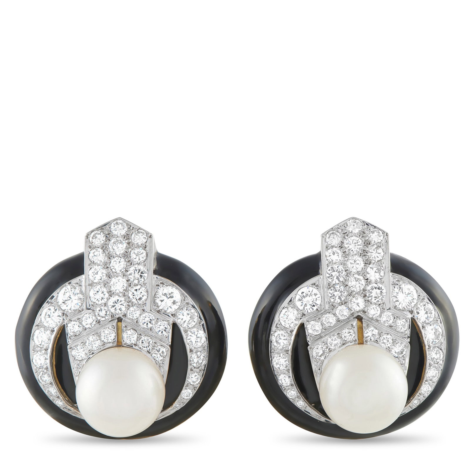 14K Yellow Gold 2.0ct Diamond and Enamel Pearl Clip-On Earrings: Understated yet unmistakable, these pearl clip-on earrings and their refined mid-century aesthetic carry a timeless presence suited to formal dressing and classic wardrobes alike. A lustrous 11.4mm pe