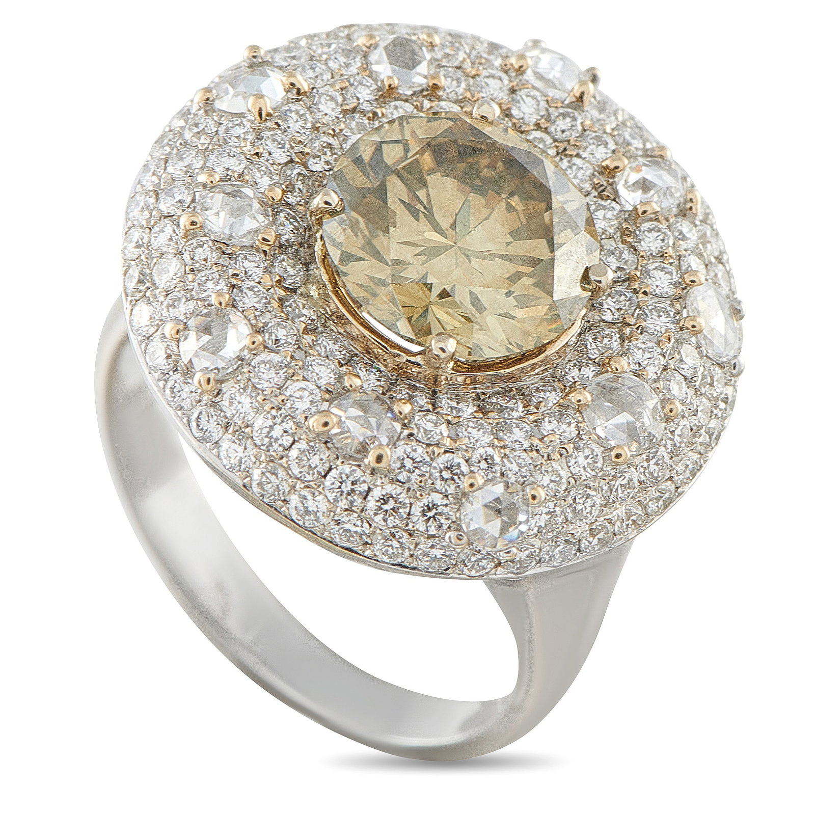 18K White Gold 4.86ct Diamond Ring: This luxury ring positively radiates light. A 3.06 carat colored Diamond center stone adds warmth, style, and sophistication to the overall design. Additional Diamonds totaling 1.80 carats make it eve
