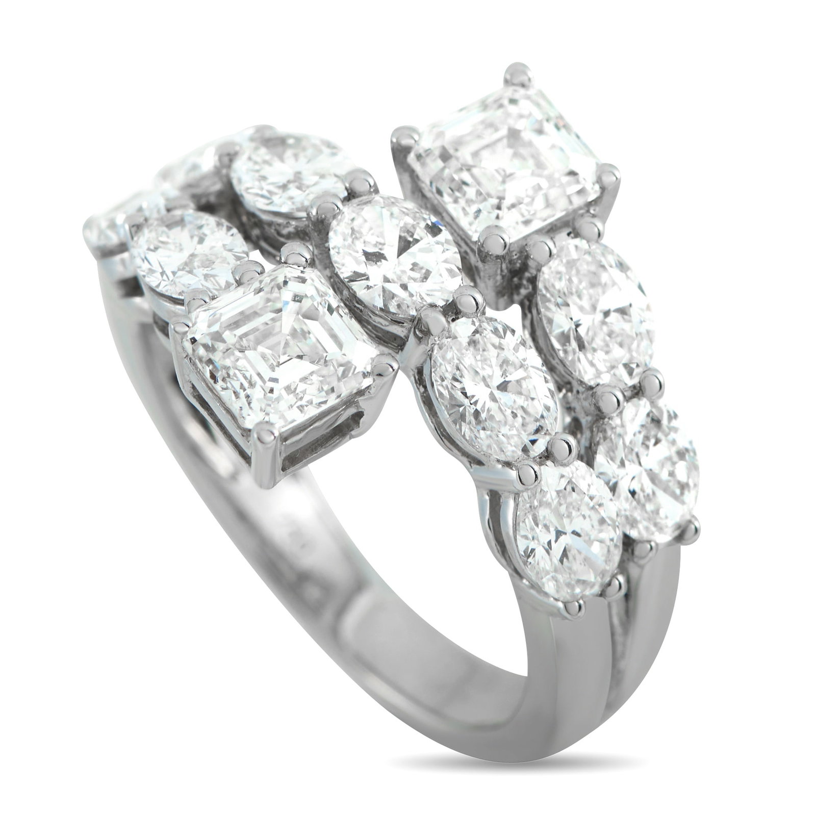 18K White Gold 3.75ct Diamond Ring: A unique 18K White Gold setting makes this ring impossible to ignore. The dynamic wrapped design is highlighted by sparkling Ascher cut Diamonds totaling 1.50 carats and additional Diamonds with a tot