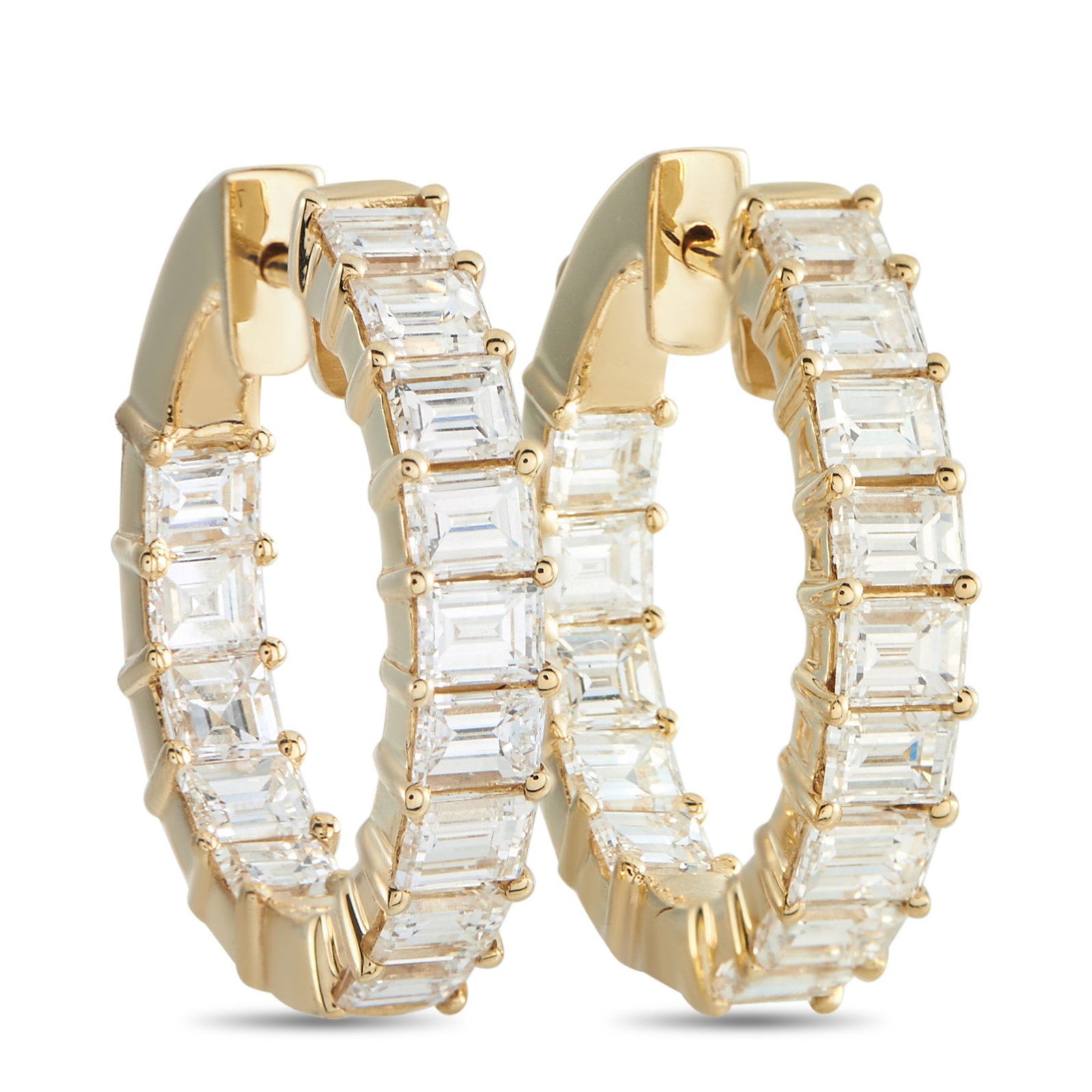 18K Yellow Gold 4.0ct Diamond Inside-Out Hoop Earrings: In this continuous loop of warmth, baguette diamonds are set in east-west orientation on shared prongs. The horizontal placement follows the curve of the ear for a smooth, leveled flow. The flat, wide