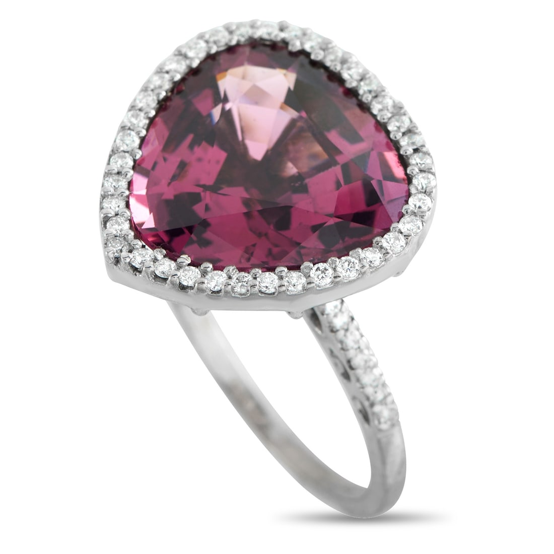 18K White Gold 0.30ct Diamond and Spinel Ring: A striking statement ring that centers on a magnificent 9.45-carat pear-shaped purplish-pink spinel. A diamond halo set on shared prongs traces the outline of the stone, mirroring the sparkle found al