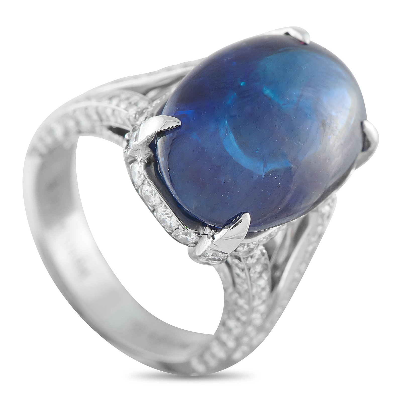 JACOB & CO Jacob & Co Platinum 1.40ct Diamond and Sapphire Ring: This Jacob & Co. ring is filled with impeccable details. An 11.09 carat Sapphire center stone fills this piece with captivating color, while inset Diamonds totaling 1.40 carats offer the perfect