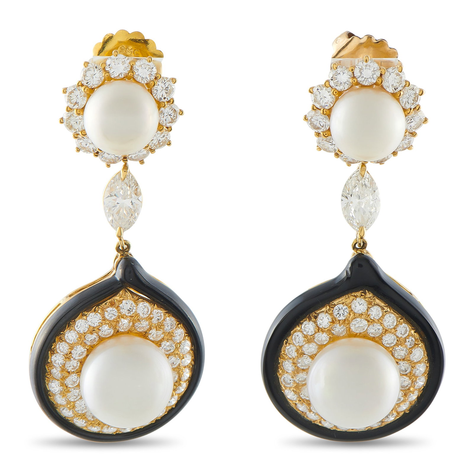 18K Yellow Gold 6.10ct Diamond and Pearl Earrings: These dazzling earrings will add movement to any ensemble. Luminous 9mm – 12.2mm Pearls contrast beautifully against the striking black accents. Sparkling Diamonds with a total weight of 6.10
