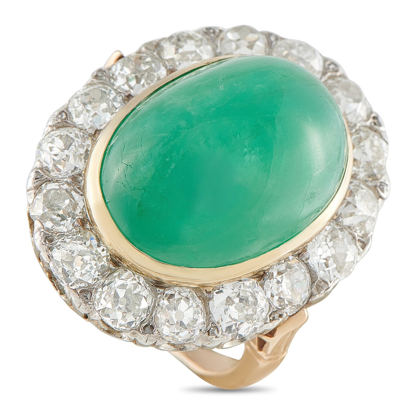 18K Rose Gold 0.60ct Diamond and Emerald Ring: This luxury ring will continually take your breath away. Set in 18K Rose Gold, sparkling Diamonds with a total weight of 0.60 carats surround this piece’s stunning 22.0 carat Emerald cabochon center