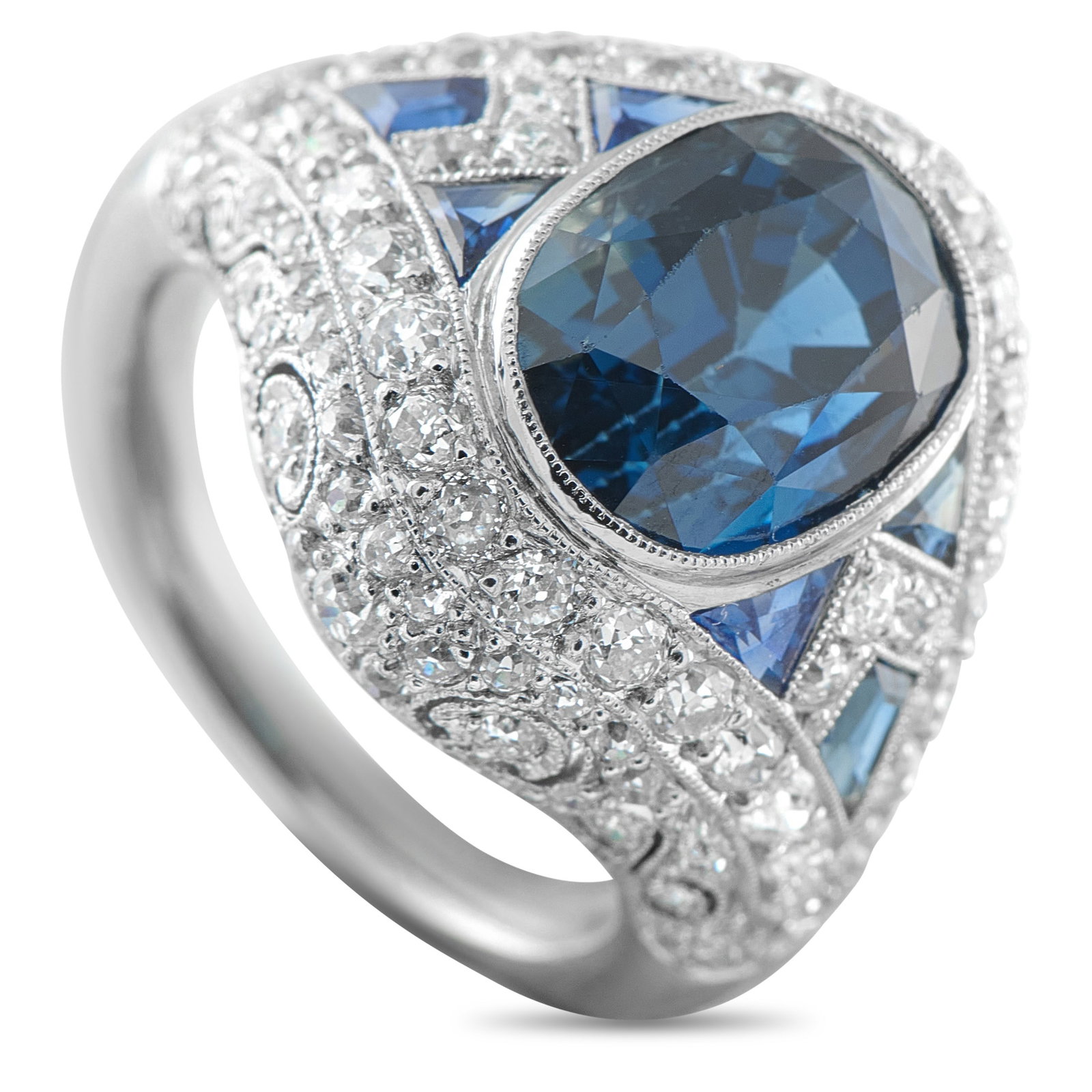 Art Deco Platinum 1.30ct Diamond and Sapphire Ring: This dazzling Art Deco ring features a classically elegant design that will continually impress. Diamonds with a total weight of 1.30 carats allow it to come alive every time it catches the light. Sap
