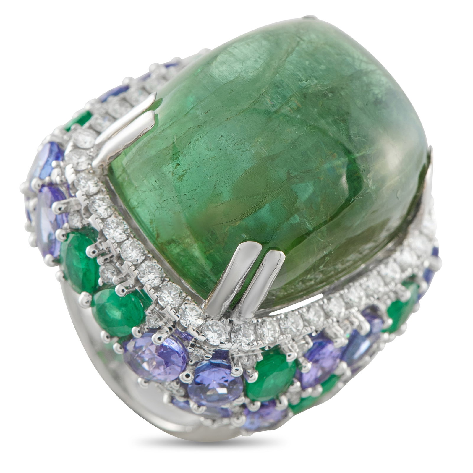 18K White Gold 1.70ct Diamond, Emerald, Tourmaline, and Tanzanite Ring: This breathtaking ring looks exquisite from every angle. Diamonds totaling 1.70 carats, Emeralds totaling 3.20 carats, and Tanzanite stones totaling 8.74 carats add color and sparkle to the 18K White 