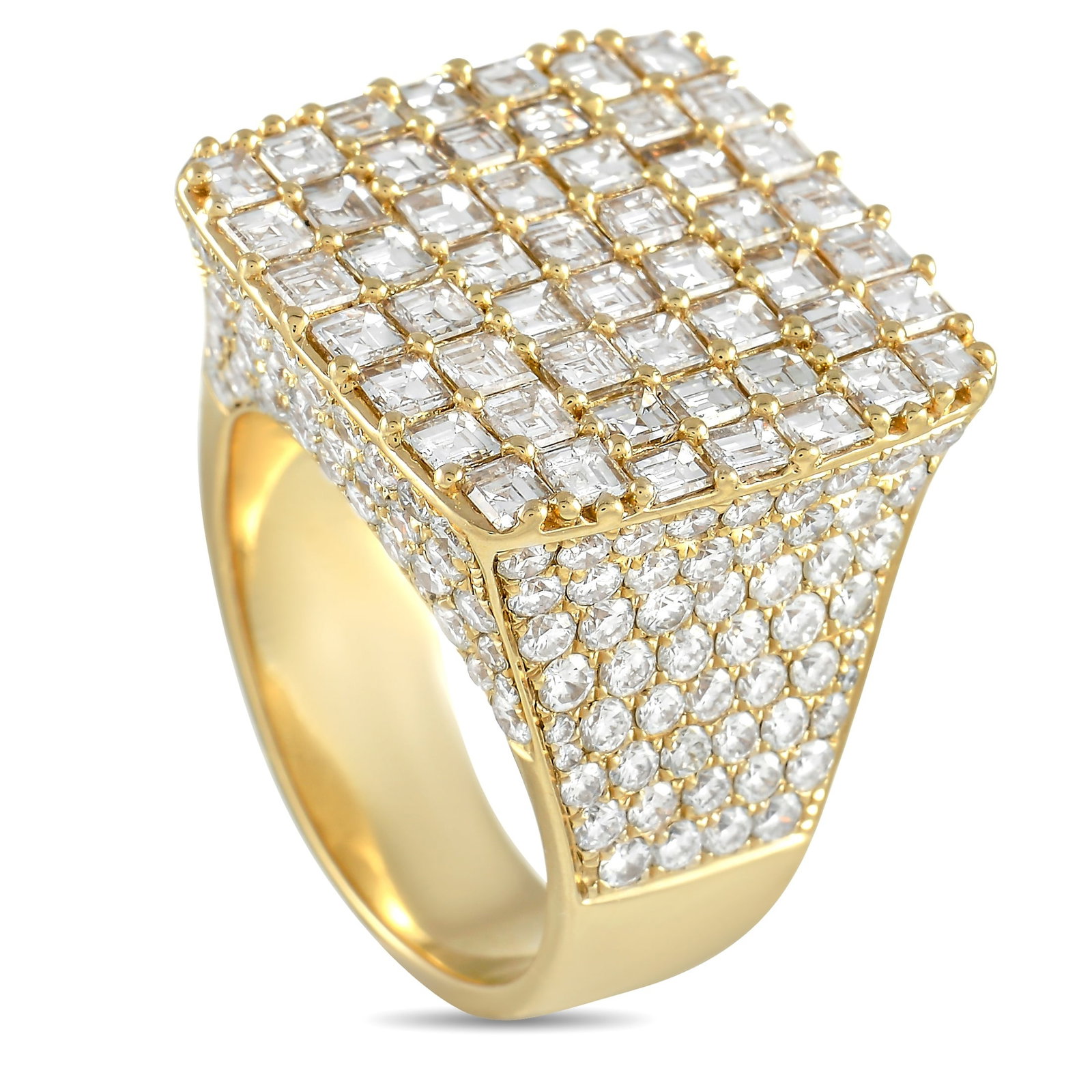 14K Yellow Gold 10.49 ct Diamond Ring: This bold, luxurious ring will continually command attention. Its statement-making setting includes an 10mm wide band and an 8mm top height. But it’s the glittering array of diamonds totaling 10.49 