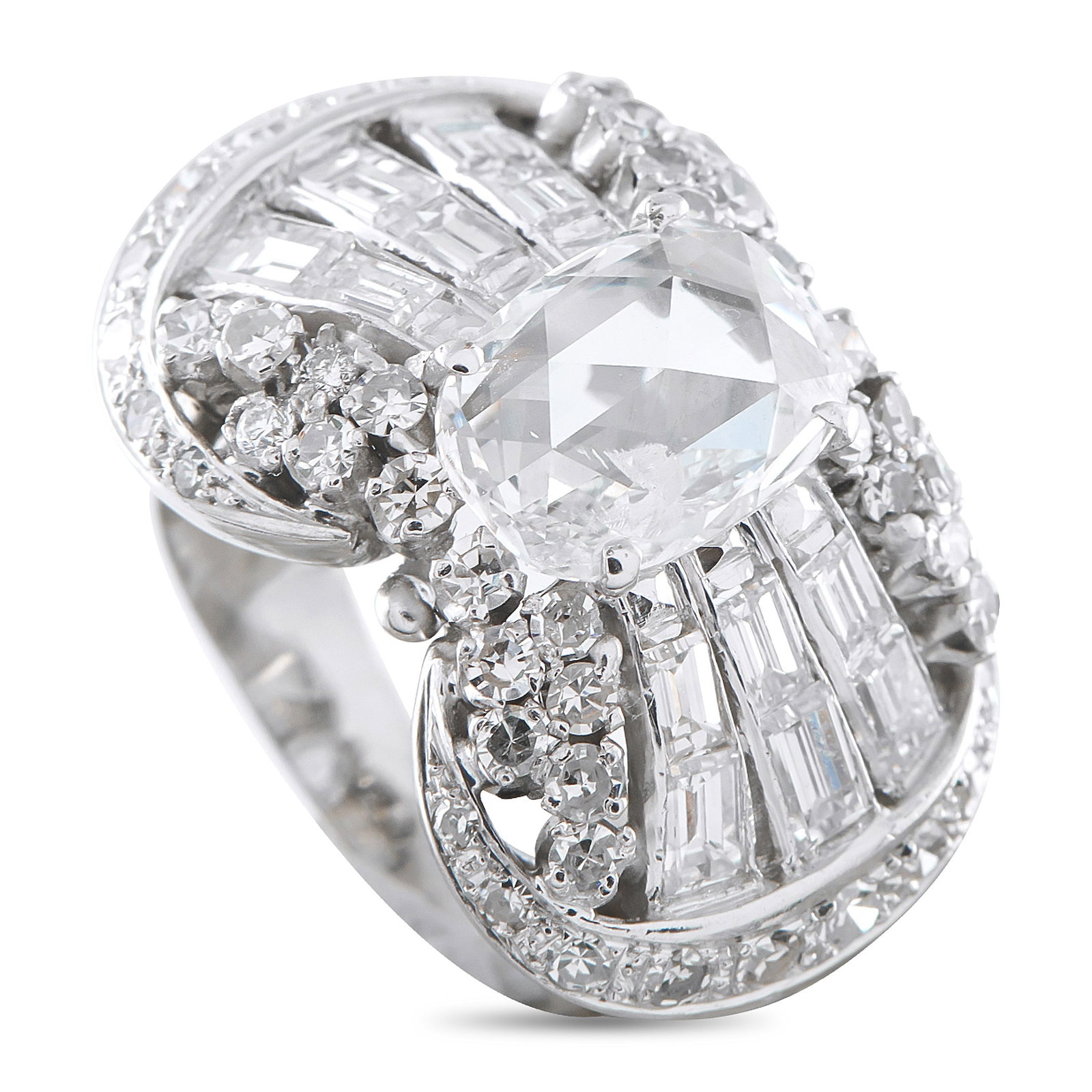 18K White Gold 4.90ct Diamond Ring: This radiant ring is designed to make a statement every time it’s worn. Set in 18K White Gold, a breathtaking 2.55 carat center stone allows this piece to seemingly radiate light. It’s surrounded 