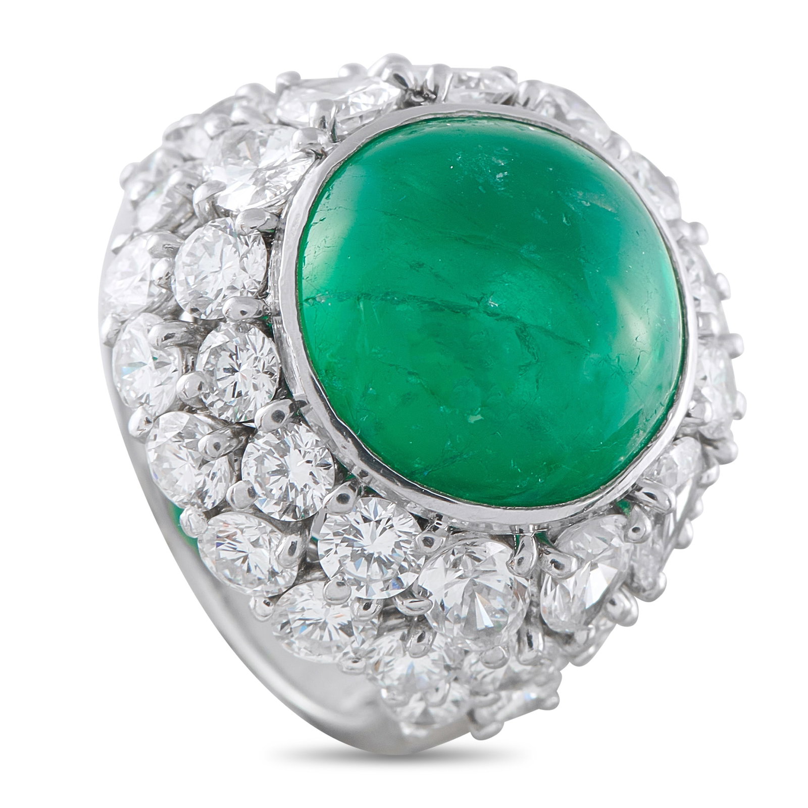 Platinum 5.30ct Diamond and Colombian Emerald Ring: With a rich focal point, this Exclusive ring stands out in any setting. A 7.52 carat intense green Colombian emerald commands the center, cut en cabochon and secured in a bezel. A surround of colorles