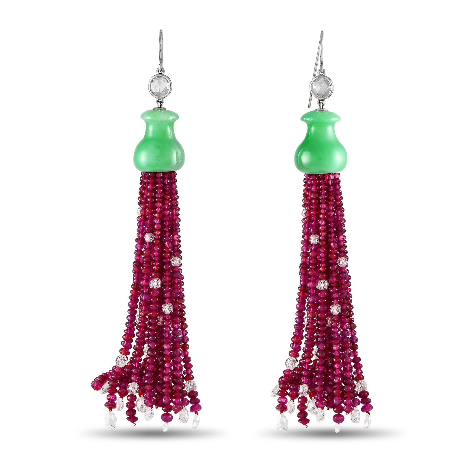 11.50ct Briolette Diamond, Ruby and Jade Tassel Earrings: Steal the show regardless of what you’re wearing with these tassel earrings. The pair features bezel-set diamonds with triangular facets connected to shapely jade gemstones from where strings of rub