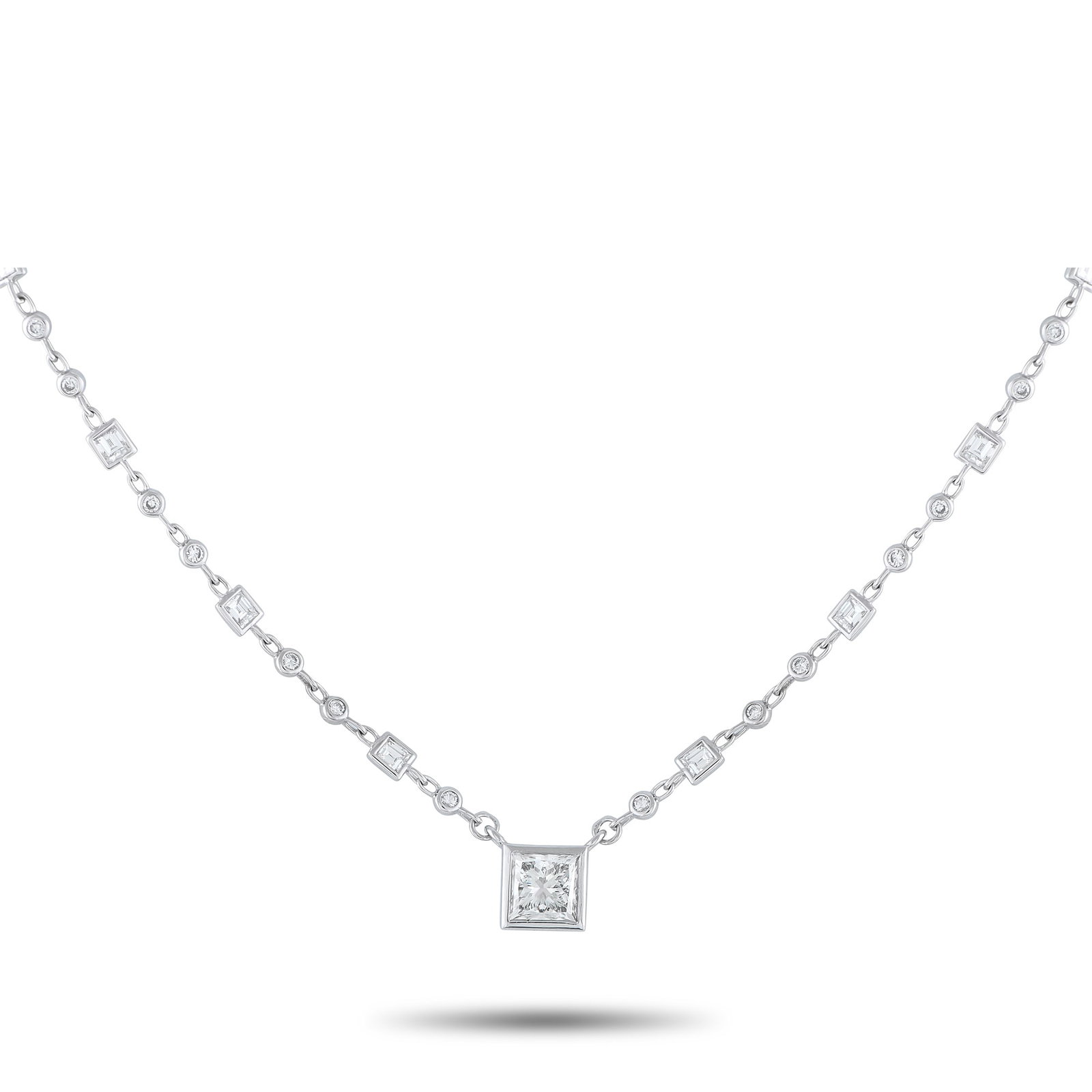 18K White Gold 4.53ct Diamond Necklace: From the soft glow of morning to the glamour of night, this Exclusive diamond necklace shines without pause. It features a captivating 1.51 ct princess-cut diamond, bezel set to showcase its crisp geo