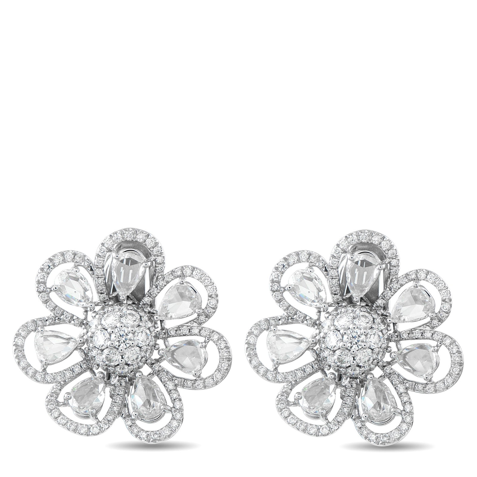 VALENTE MILANO 18K White Gold 11.48ct Diamond Flower Earrings: These Valente Milano earrings will put the perfect finishing touch on any outfit. The delicate floral design is elevated by sparkling Diamonds with a total weight of 11.48 carats. Set in 18K White Gol