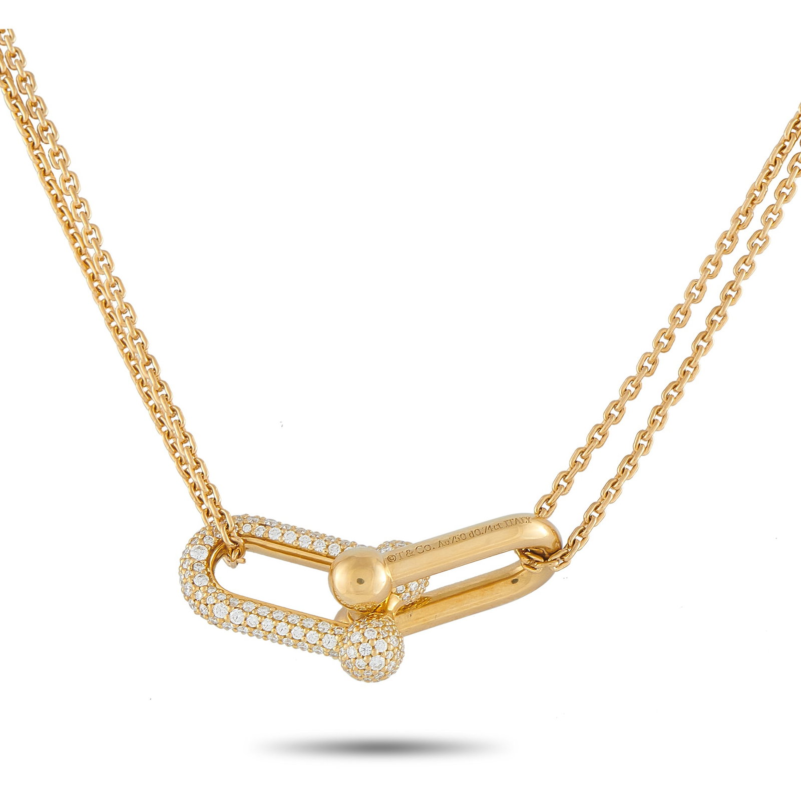 TIFFANY & CO. Tiffany & Co. HardWear 18K Yellow Gold 0.74ct Diamond Large Link Necklace: This Tiffany & Co. HardWear Double Link necklace offers a timeless expression of strength. Crafted from 18K Yellow Gold, Diamonds with a total weight of 0.74 carats add sparkle to one of the pendant��