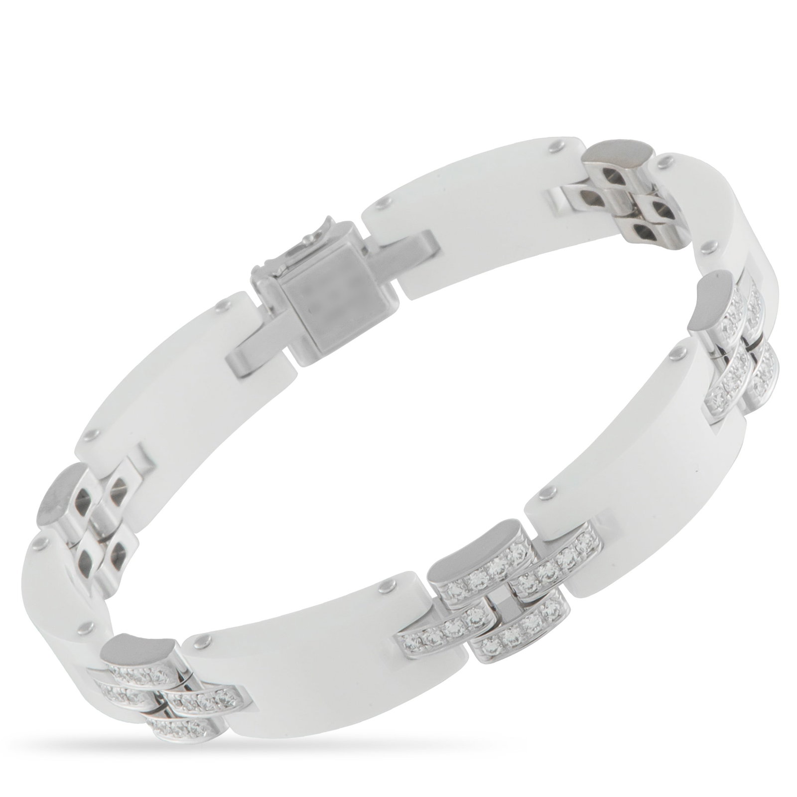 CARTIER Maillon Panthere 18K White Gold Diamond and Ceramic Bracelet: This Cartier bracelet offers a fresh, sophisticated point of view. On this elegant accessory, 18K White Gold links are juxtaposed with white Ceramic accents. Sparkling Diamonds provide the perfect fin