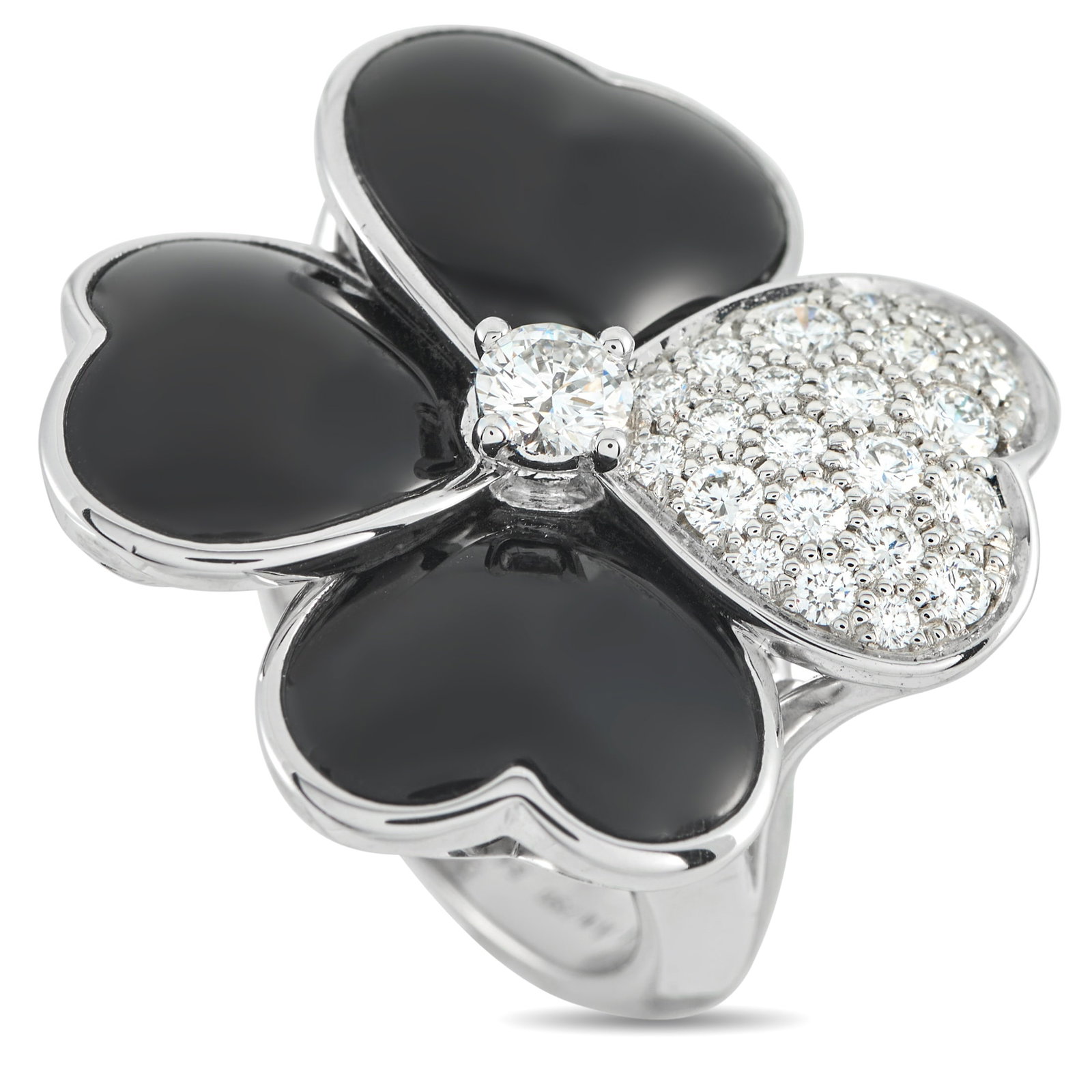 VAN CLEEF & ARPELS Van Cleef & Arpels Cosmos 18K White Gold Diamond and Onyx Ring: This Van Cleef & Arpels Cosmos ring is instantly eye-catching. At the top, the stunning floral motif is comprised of four heart-shaped petals. Sleek Onyx accents contrast beautifully against the 18K W