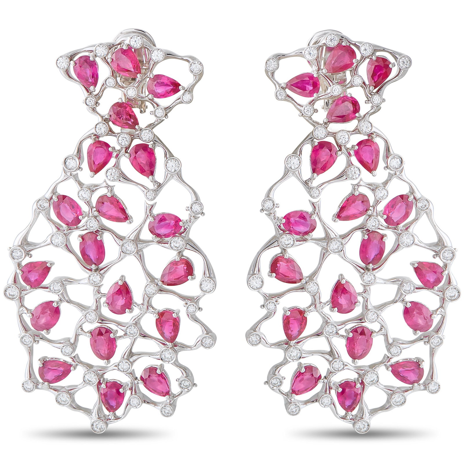 VALENTE MILANO 18K White Gold 4.65ct Diamond and Ruby Earrings: These Valente Milano earrings are incredibly intricate. The openwork design beautifully showcases Ruby gemstones with a total weight of 32.15 carats. Additional Diamond accents totaling 4.65 carats al