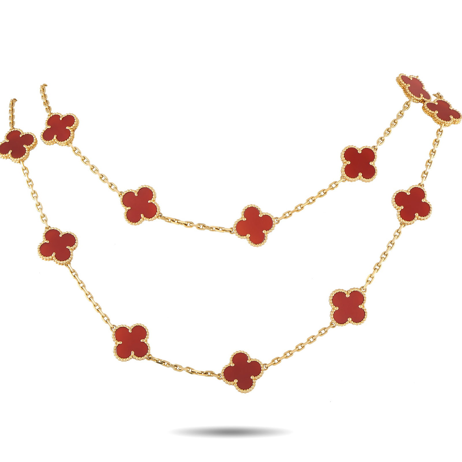 VAN CLEEF & ARPELS Van Cleef & Arpels Alhambra 18K Yellow Gold Carnelian 20-Motif Necklace: This exquisite Van Cleef & Arpels Alhambra necklace will continually impress. Crafted from 18K Yellow Gold, 20 of the brand’s iconic clover-shaped motifs come to life in rich reddish-orange Carnelia