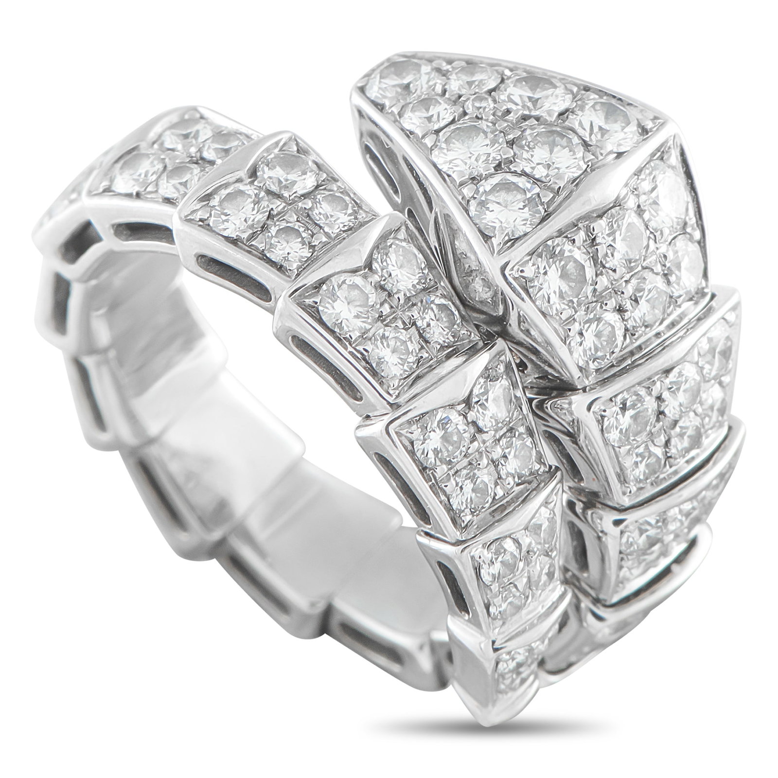 BVLGARI Serpenti 18K White Gold 1.89ct Diamond Ring: Covered in sparkling Diamonds with a total weight of 1.89 carats, this Bvlgari Serpenti ring is as stylish as it is statement-making. The sinuous design depicts the luxury brand’s signature snake ��