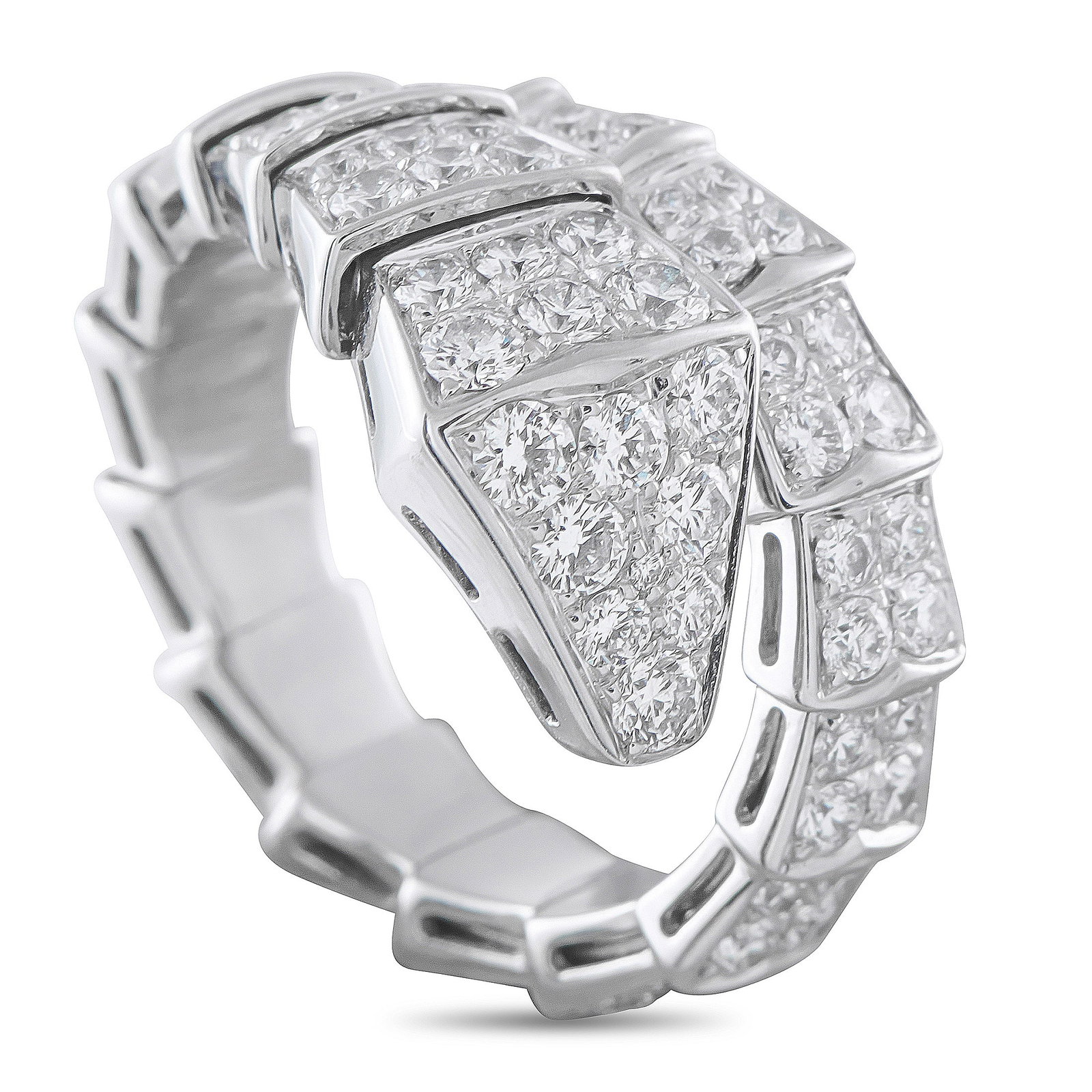 BVLGARI Serpenti 18K White Gold 1.89ct Diamond Ring: A symbol of constant metamorphosis, this Bvlgari Serpenti ring is an iconic piece that exudes strength and elegance. Set in 18K White Gold, the brand’s iconic snake motif winds around the finger. Di