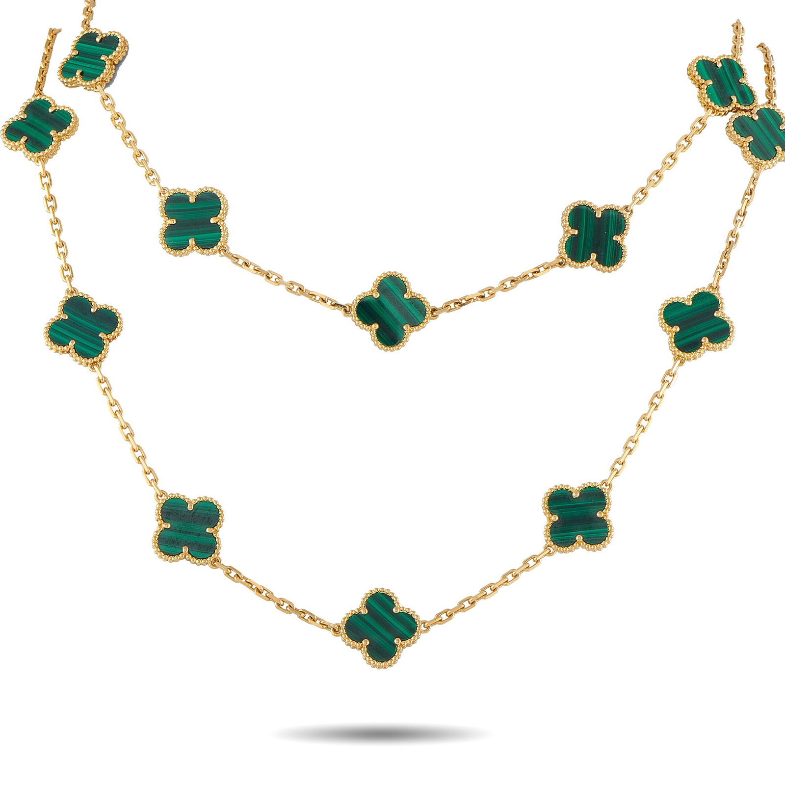VAN CLEEF & ARPELS Van Cleef & Arpels Alhambra 18K Yellow Gold Malachite 20-Motif Necklace: Add a stylish splash of color to any ensemble with this classic Van Cleef & Arpels Alhambra necklace. This iconic luxury piece includes 20 of the brand’s clover motifs in stunning Malachite. Crafted
