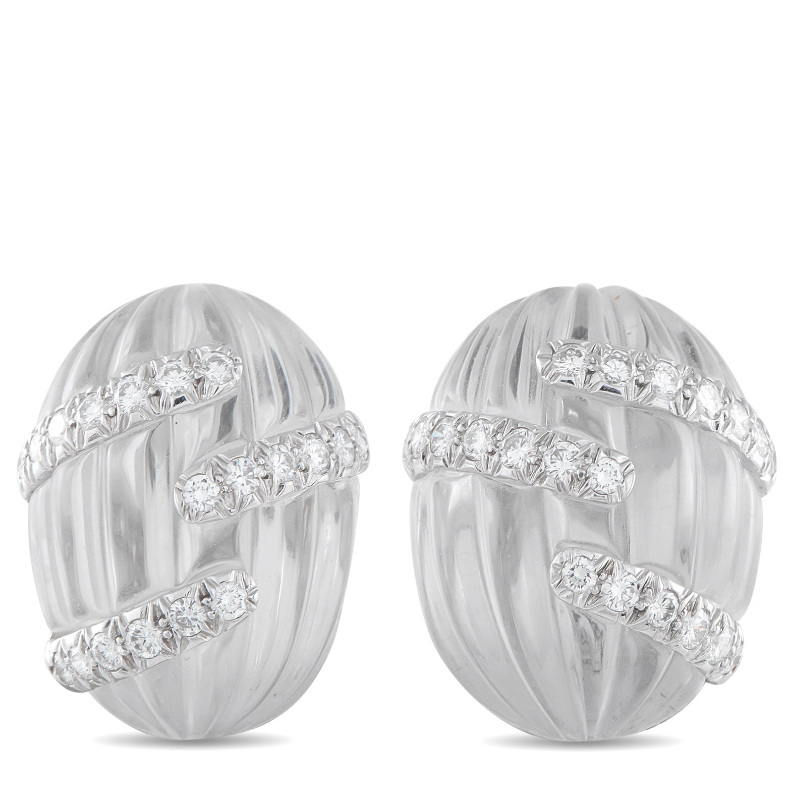 DAVID WEBB 18K White Gold 3.0ct Diamond and Rock Crystal Earrings: These David Webb earrings will instantly add sparkle to any ensemble. Set in 18K White Gold, Diamond accents totaling 3.0 carats seemingly wrap around the textured Rock Crystal base. Each earring meas