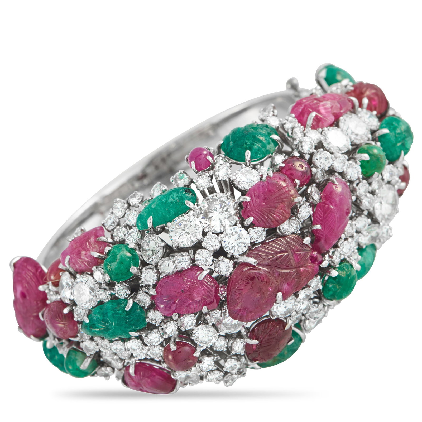 Platinum 19.0ct Diamond and Colored Gemstone Bangle: Striking in its Art Deco presence, this hinged platinum bracelet presents a rich and layered look on the wrist. The rigid form opens on discreet hinges and secures with a concealed box tab clasp, tape