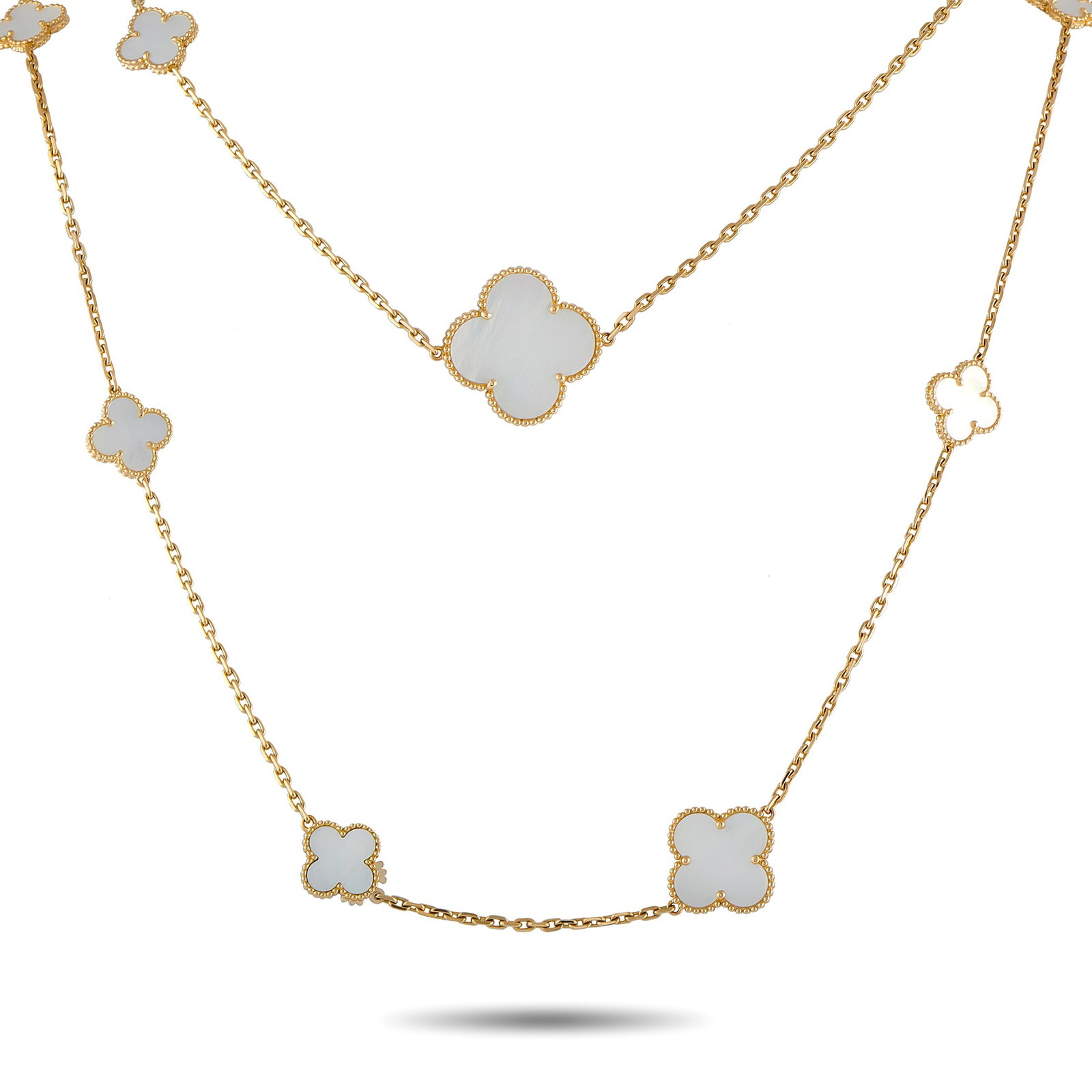 VAN CLEEF & ARPELS Van Cleef & Arpels Alhambra 18K Yellow Gold Mother of Pearl 16-Motif Necklace: This Van Cleef & Arpels Alhambra necklace is meant to make a statement. Sixteen of the brand’s instantly recognizable clover motifs come to life in opulent Mother of Pearl, which contrasts beautiful