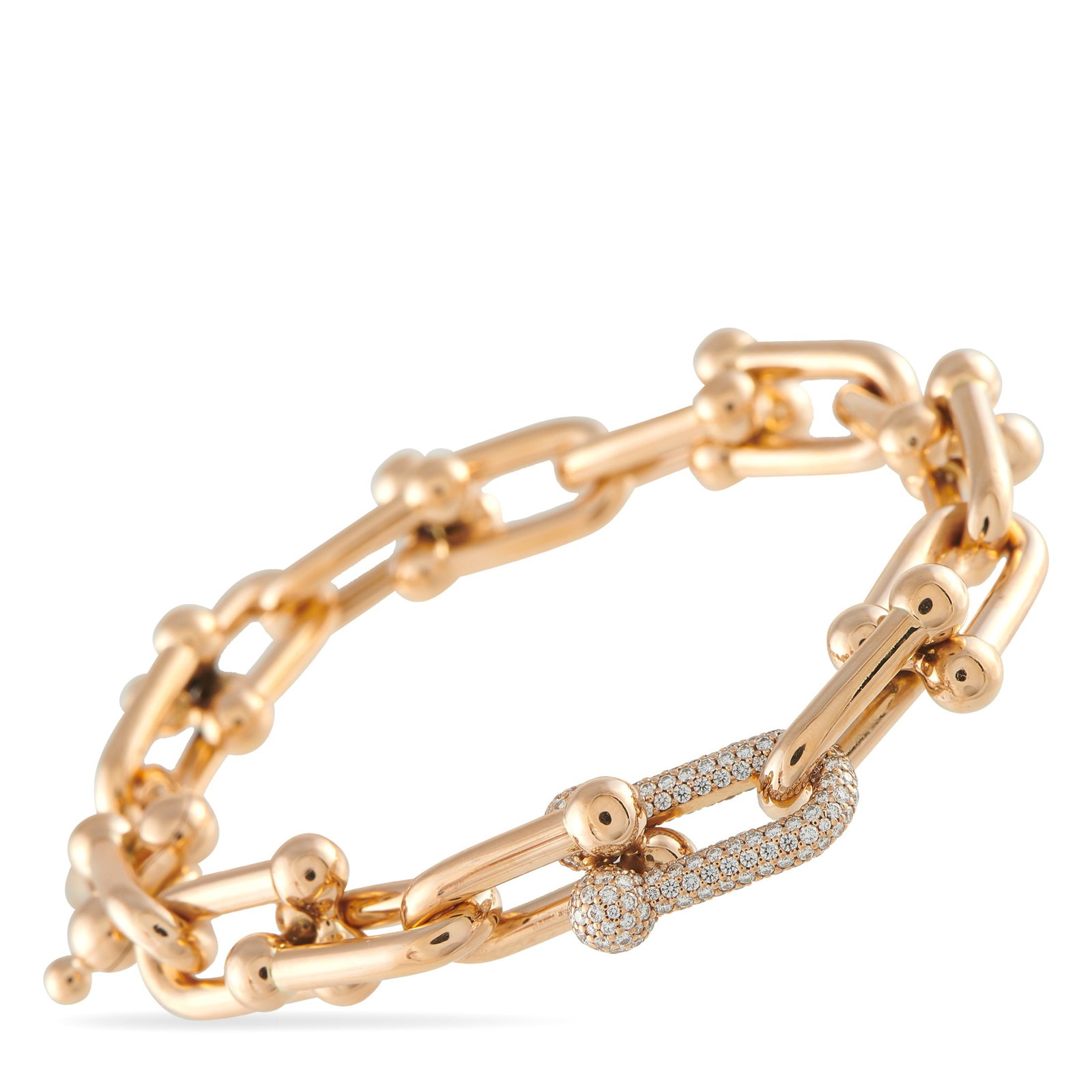TIFFANY & CO. Tiffany & Co. HardWear 18K Rose Gold 1.70ct Diamond Link Bracelet: This Large Link Bracelet from the Tiffany & Co. HardWear collection offers enduring strength. On this piece, the collection’s signature gauge links are crafted from 18K Rose Gold and combine to crea