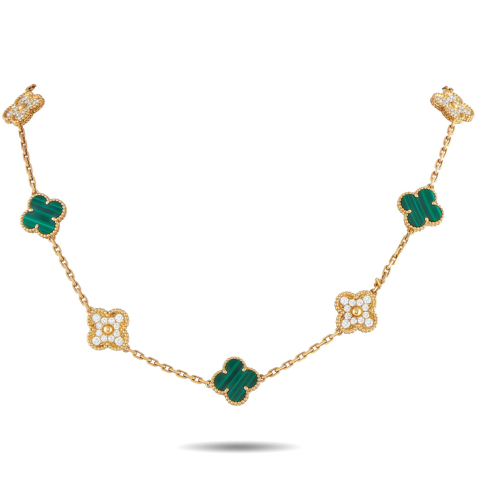 VAN CLEEF & ARPELS Van Cleef & Arpels Vintage Alhambra 18K Yellow Gold 2.41ct Diamond and Malachite: This Van Cleef & Arpels Alhambra necklace exudes timeless luxury. Featuring a series of 10 of the brand’s iconic clover motifs, captivating Malachite contrasts against the 18K Yellow Gold setting. S