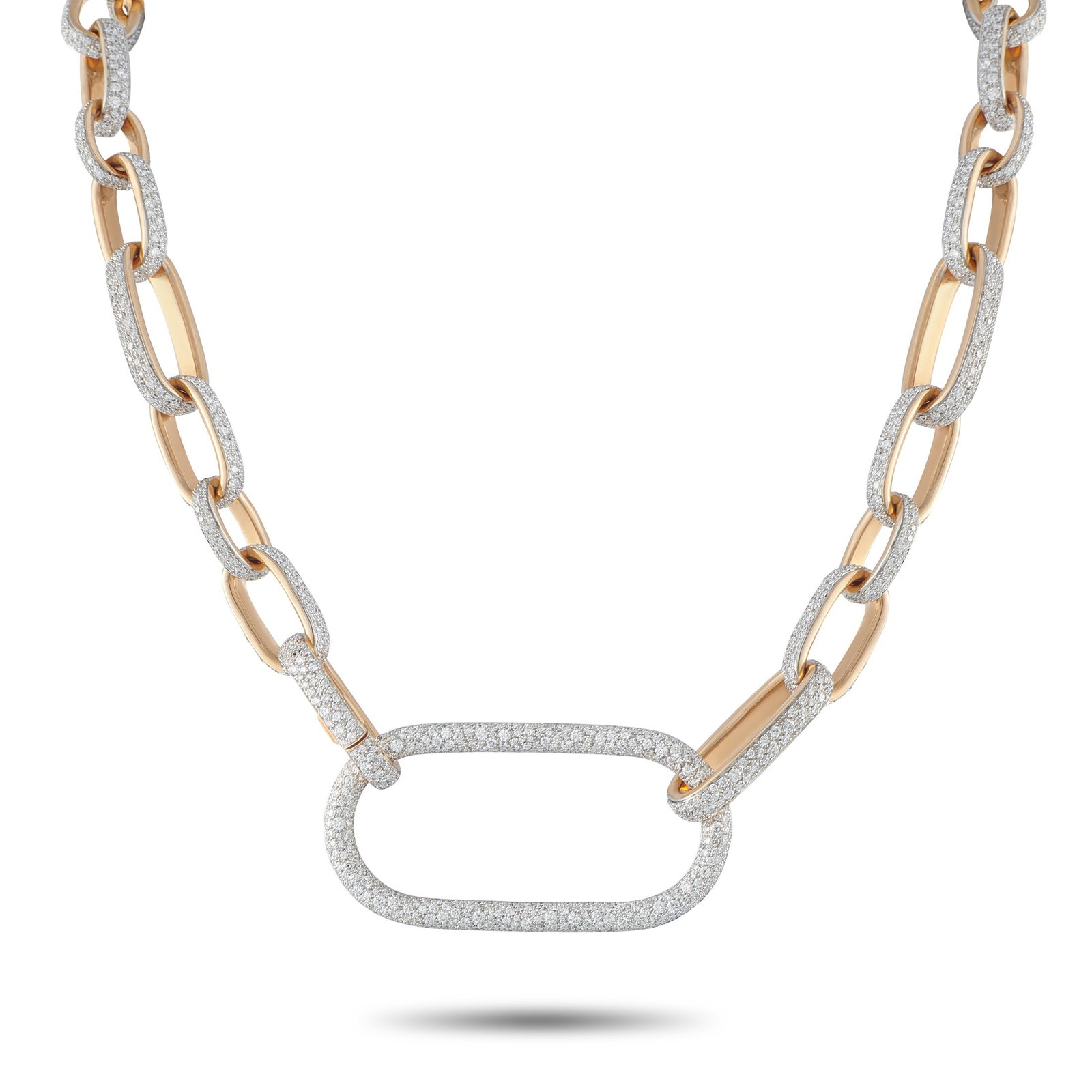 POMELLATO 18K Rose Gold 17.50ct Diamond Necklace: This stunning Pomellato necklace will continually capture your imagination. On this impressive accessory, 18K Rose Gold links are elevated by sparkling Diamonds totaling 17.50 carats. It measures 16&r